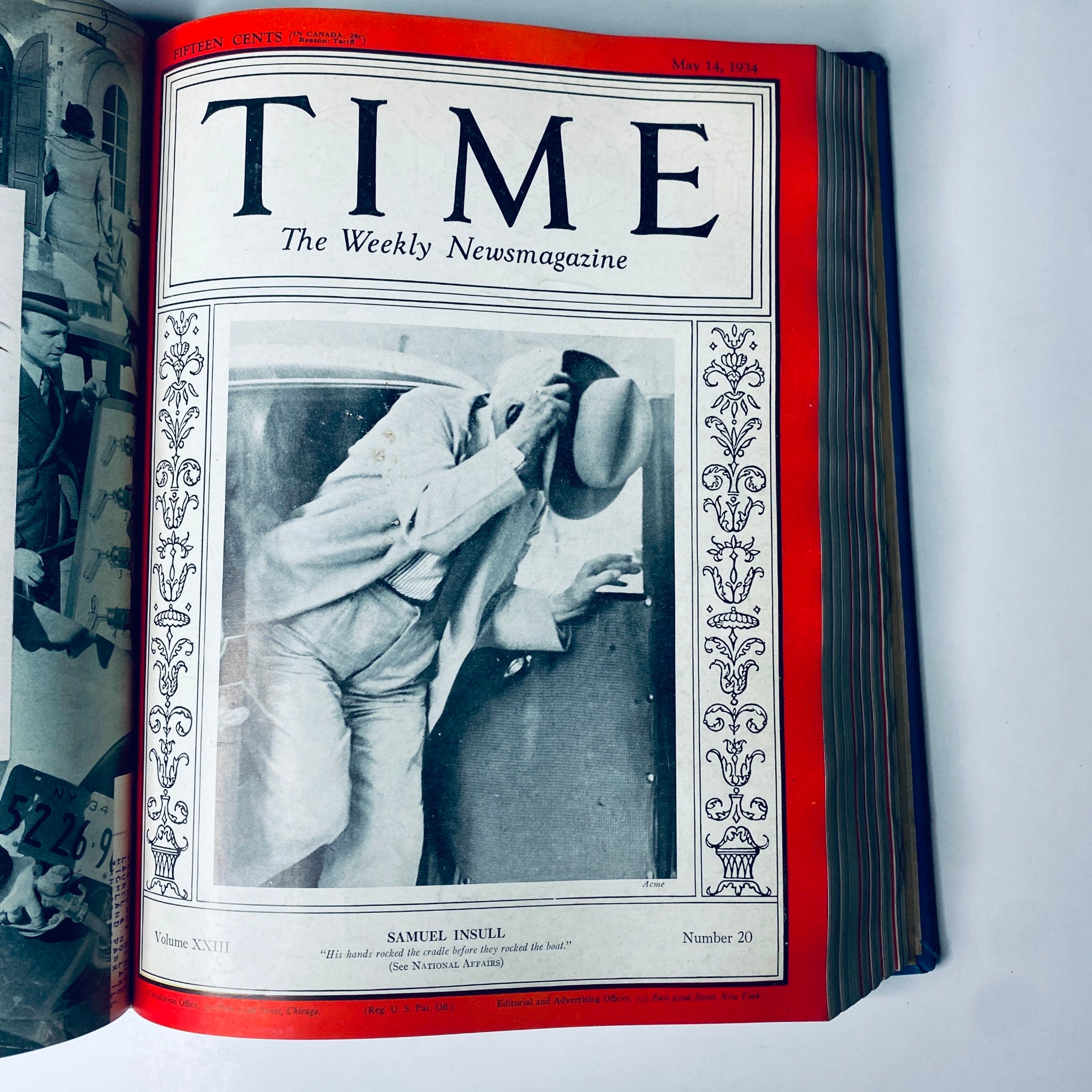 Time Magazine cover featuring Samuel Insull, dated May 14, 1934, capturing his image along with the title 'Time Magazine Library Bound April 2- June 25, 1934 Col. Edward Riley Bradley'.
