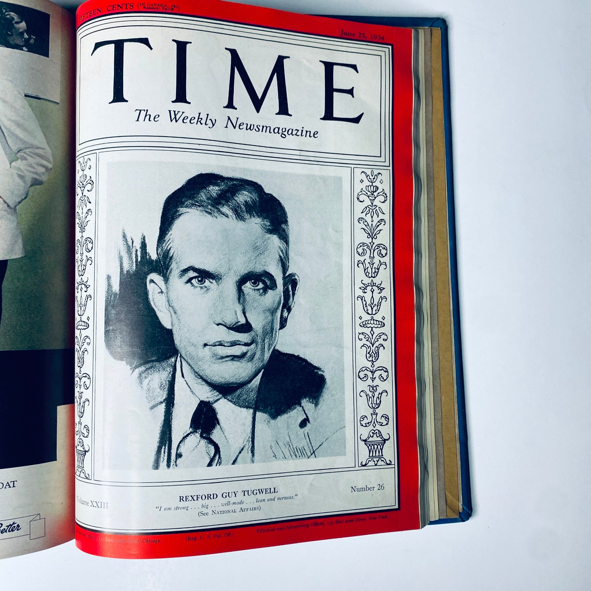 Cover of Time Magazine dated June 25, 1934 featuring Rexford Guy Tugwell, as part of the bound volume 'Time Magazine Library Bound April 2- June 25, 1934'.