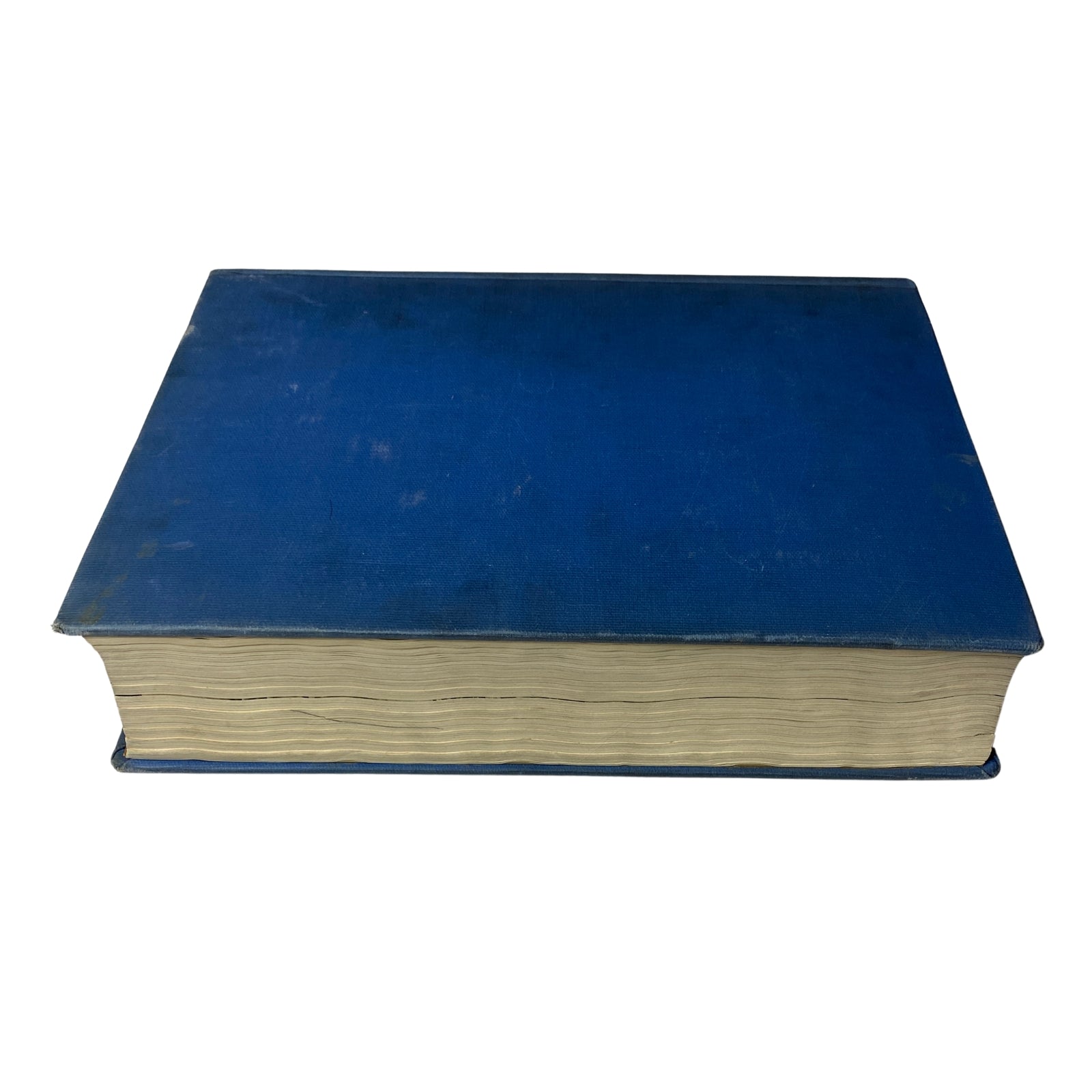 Top view of a blue bound volume of Time Magazine, showing the aging of edges, depicting 'Time Magazine Library Bound April 2- June 25, 1934'.