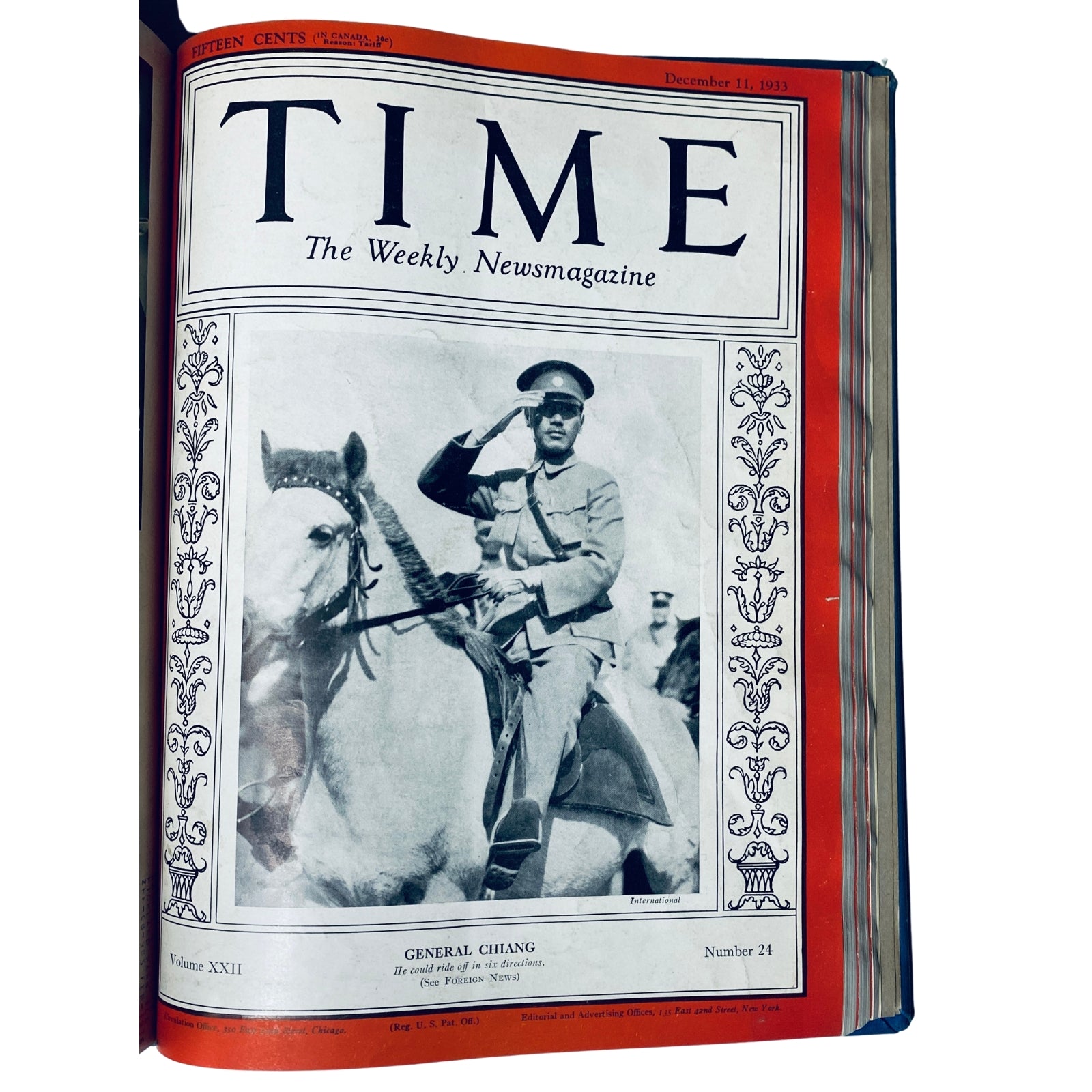 Time Magazine Library Bound cover featuring General Chiang Kai-Shek, dated December 11, 1933, showcasing a soldier on horseback.