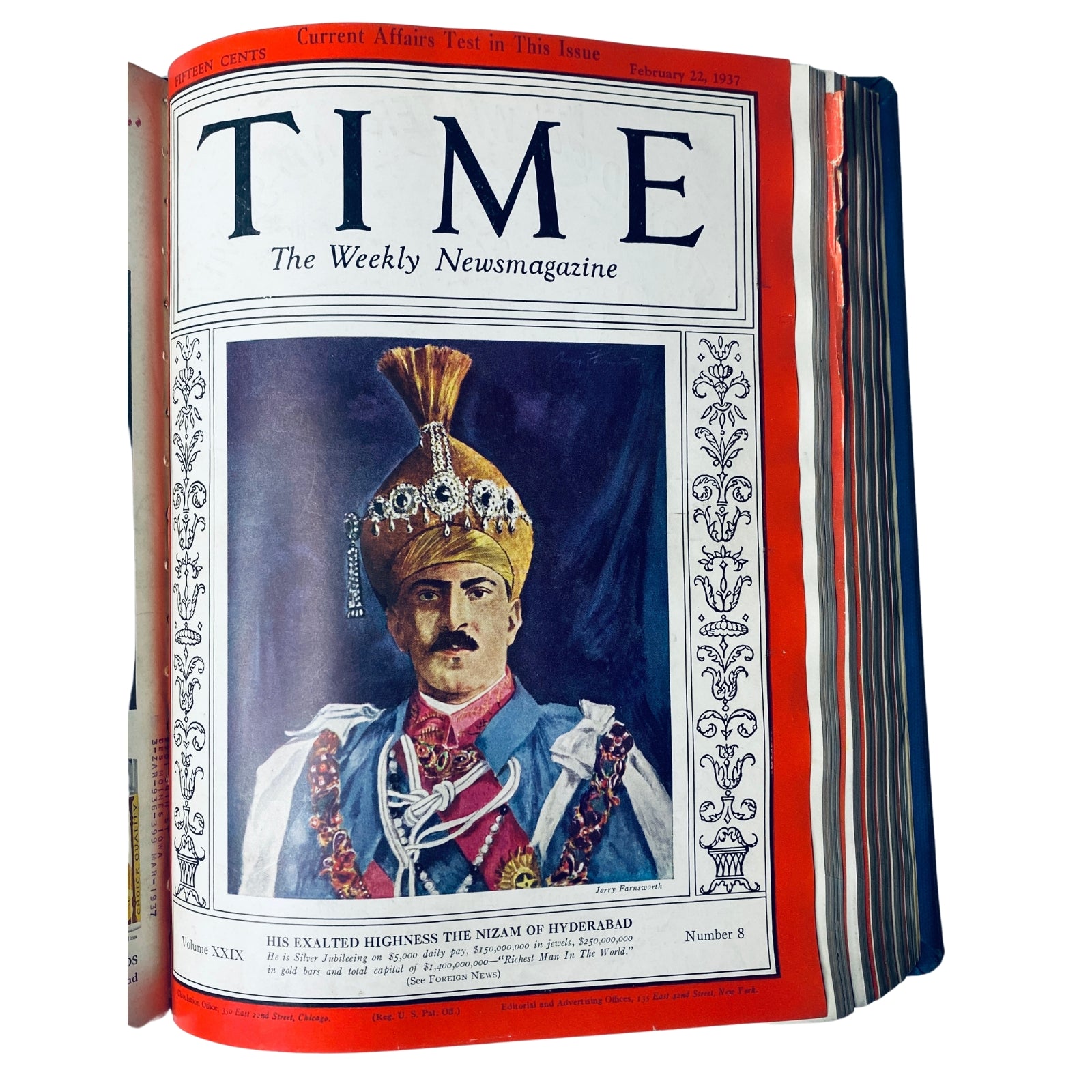 Cover of Time Magazine featuring 'His Exalted Highness The Nizam of Hyderabad,' February 22, 1937, as part of the Time Library Bound January 4-March 29, 1937.