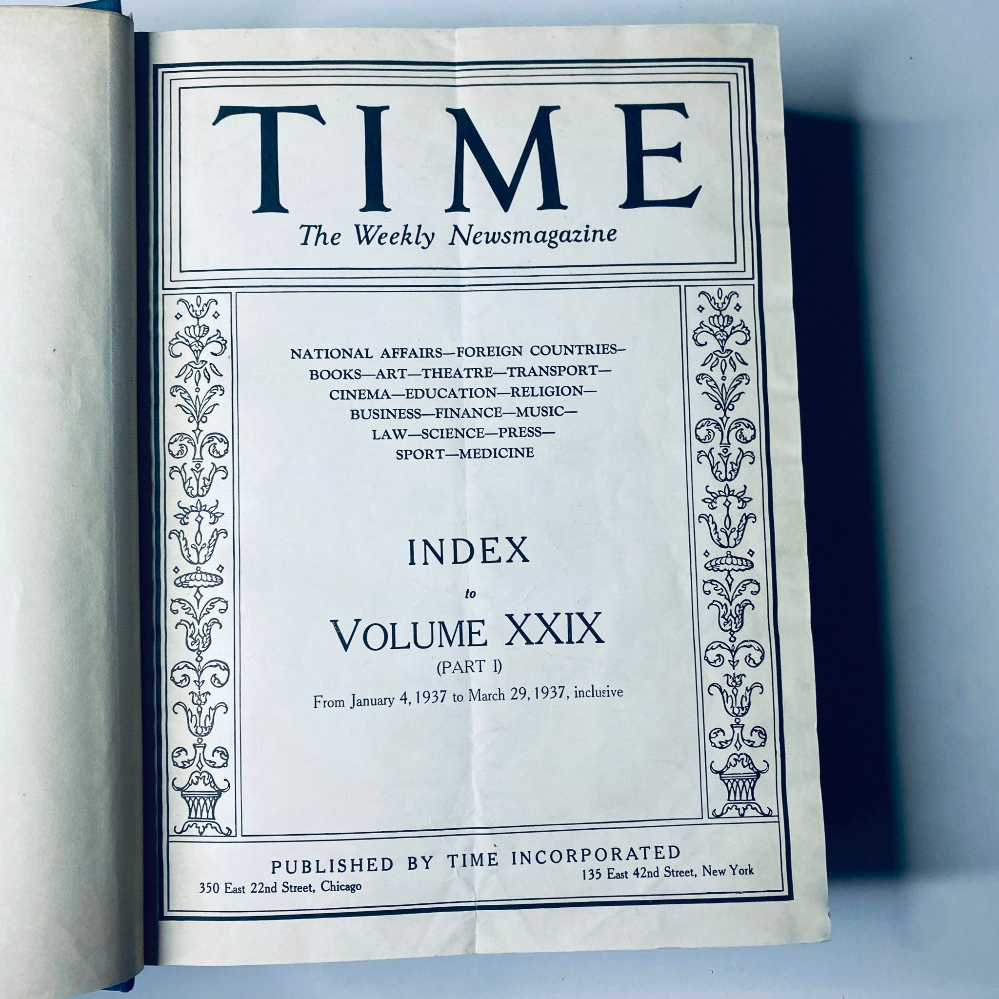 Index page of Time Magazine Library Bound January 4-March 29 1937, detailing contents from January 4 to March 29, 1937.