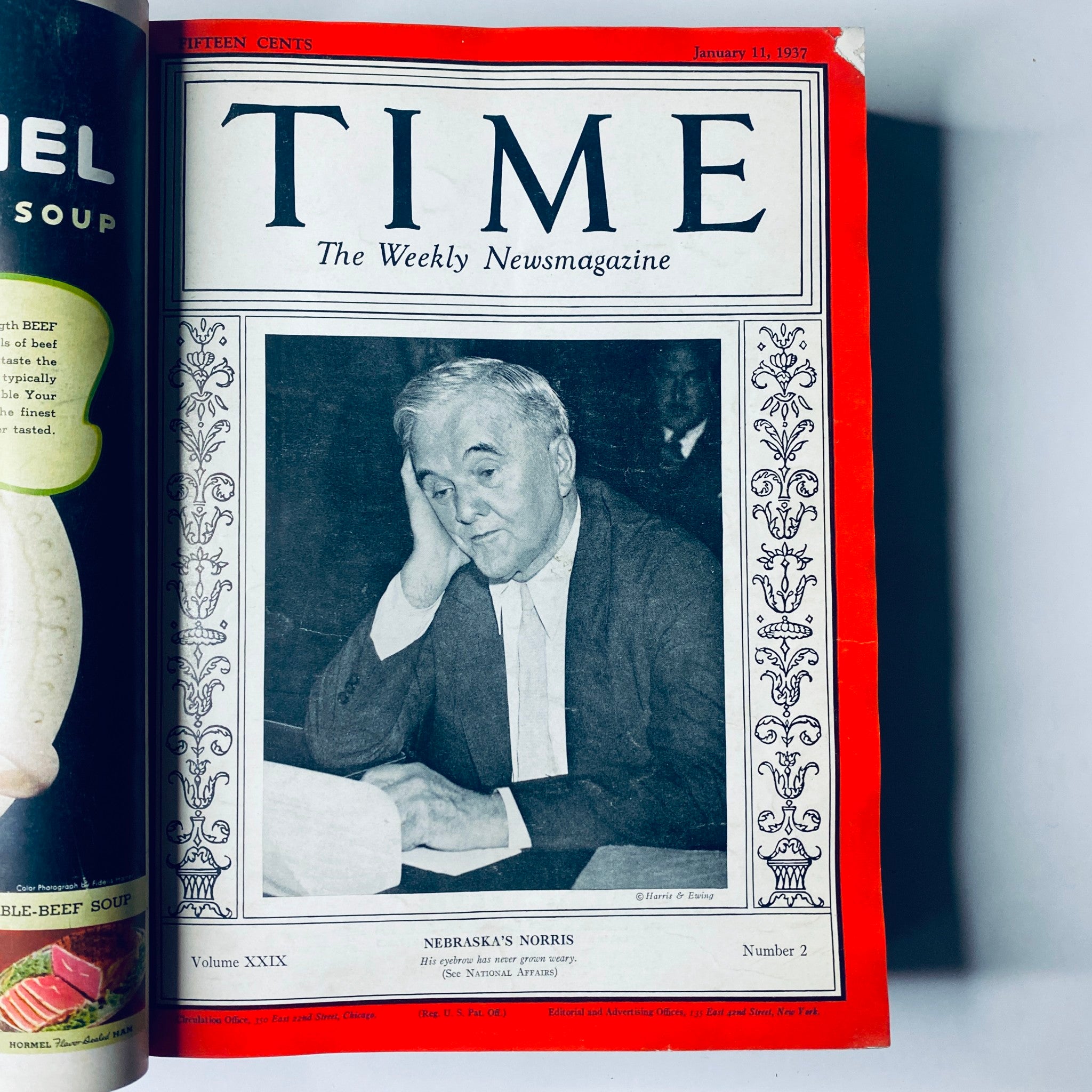 Cover page of Time Magazine dated January 11, 1937, featuring the title 'Nebraska’s Norris' from the Time Magazine Library Bound January 4-March 29 1937.