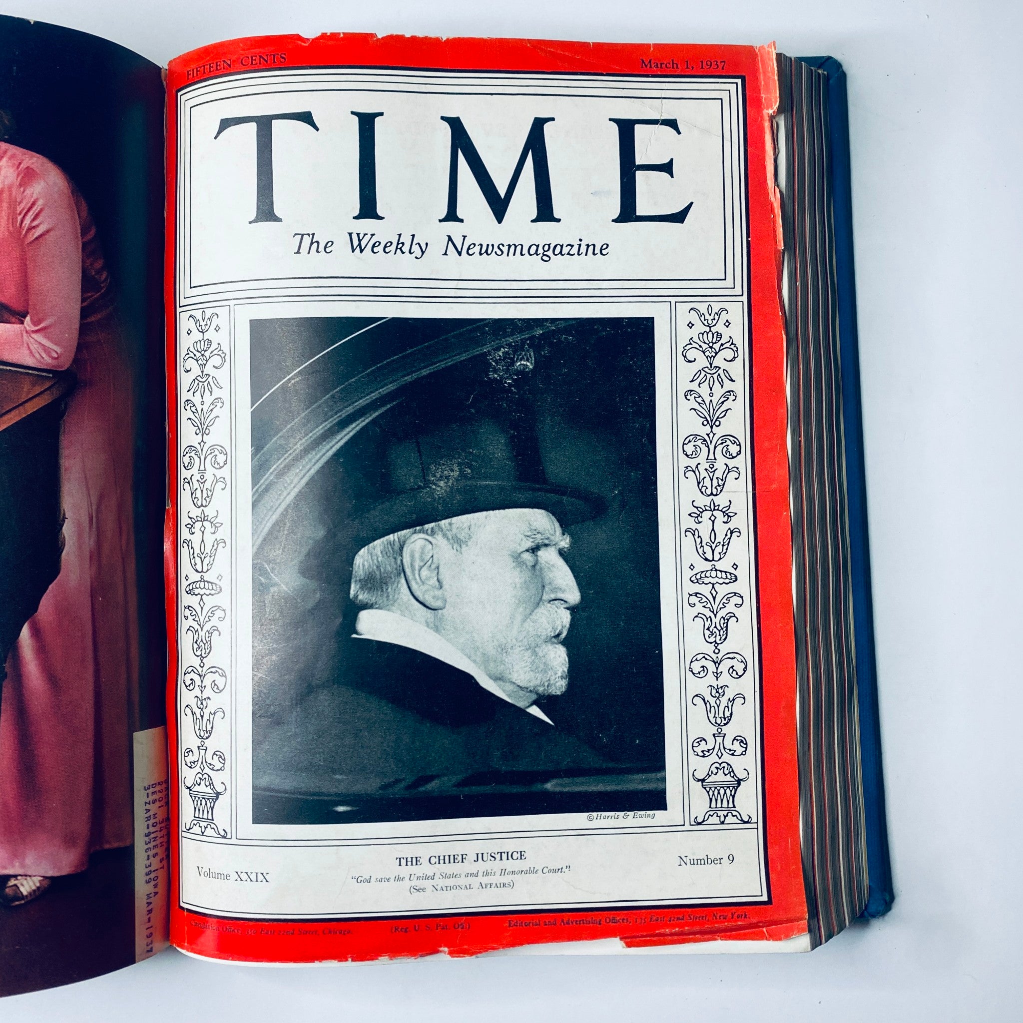 Cover of Time Magazine Library Bound January 4-March 29, 1937 featuring the Chief Justice on March 1, 1937 issue. Captured in black and white with a red border and elegant design.