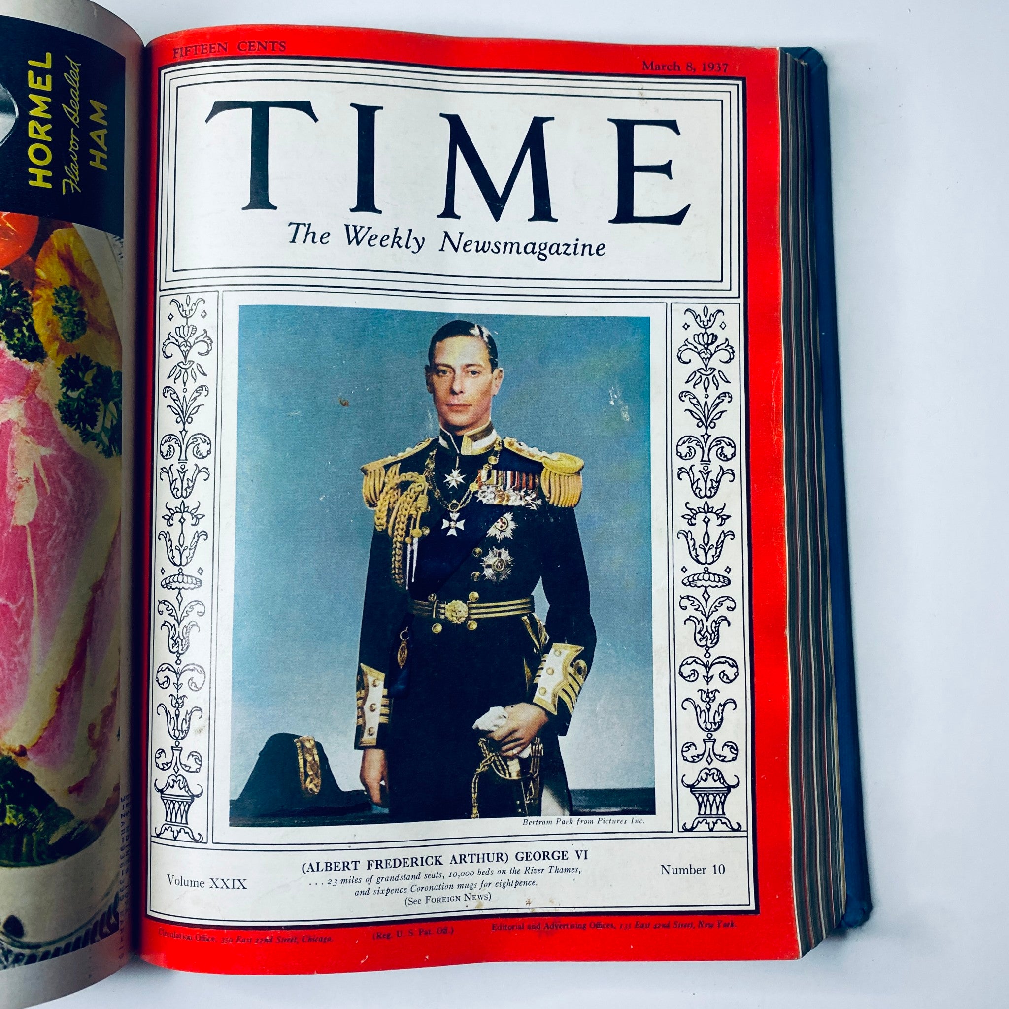 Cover of Time Magazine Library Bound January 4-March 29, 1937 featuring King George VI on March 8, 1937 issue. The issue showcases a colorful portrait of the monarch, surrounded by a decorative design.