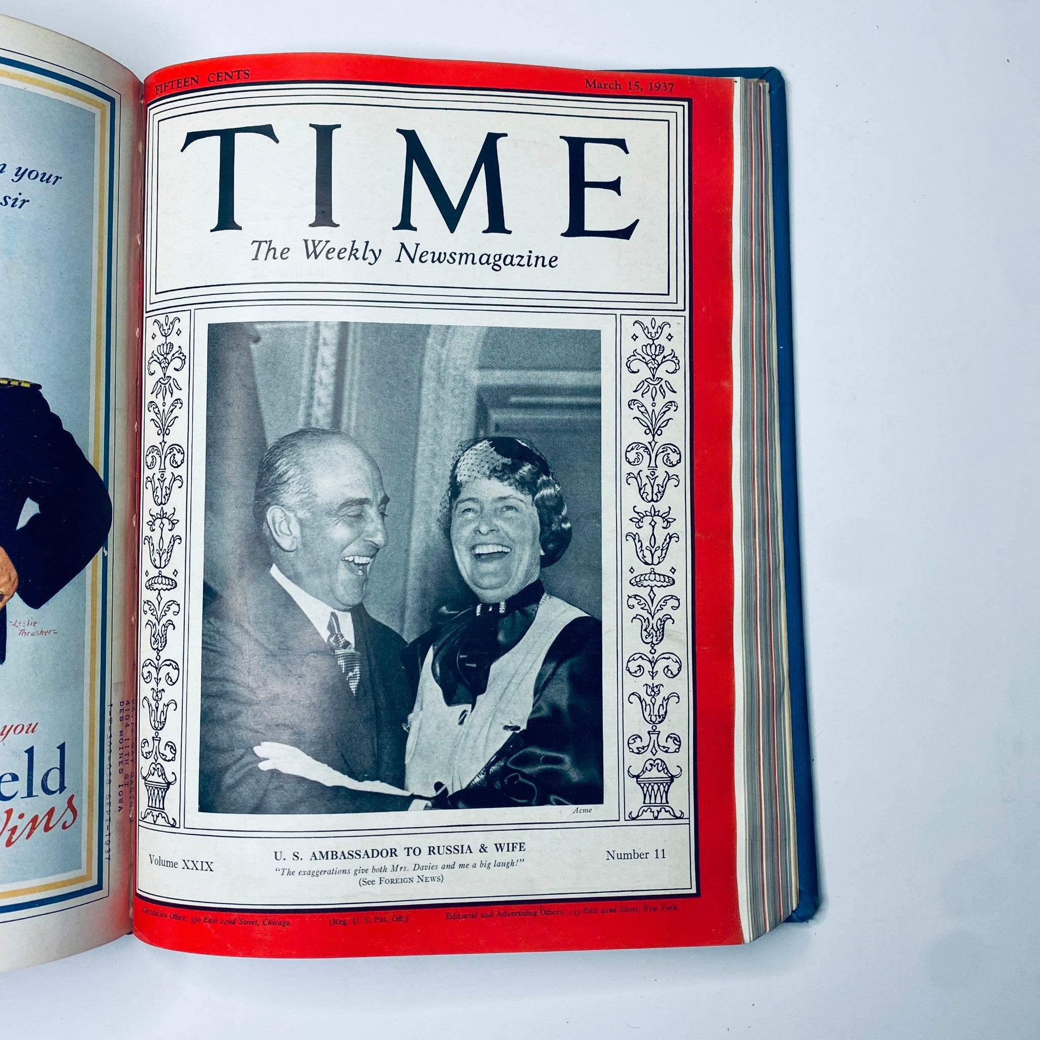 Cover of Time Magazine Library Bound January 4-March 29, 1937 featuring the U.S. Ambassador to Russia and his wife on March 15, 1937 issue. The black and white photograph presents a moment of joy, framed in a classic magazine design.