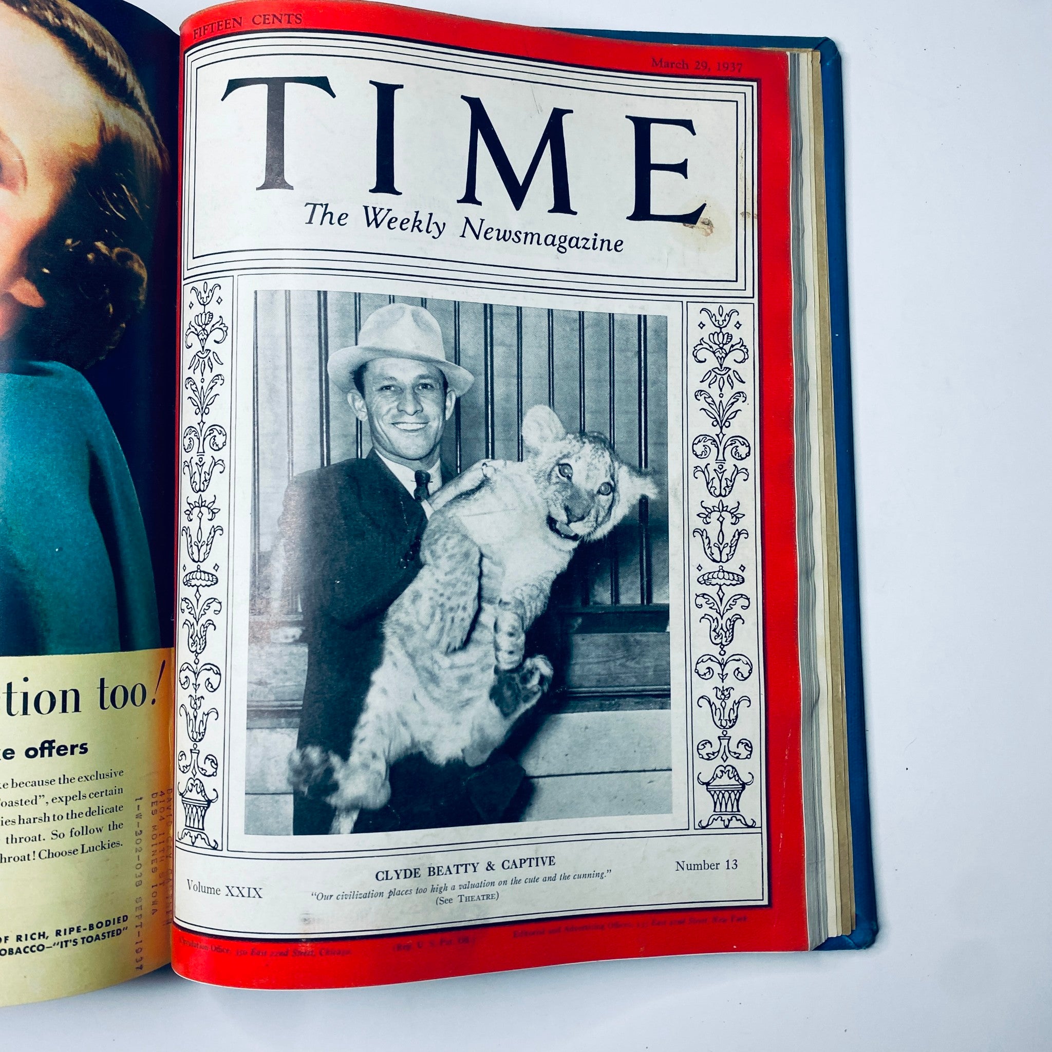 Cover of the Time Magazine Library Bound January 4 - March 29, 1937 featuring Clyde Beatty and a lion cub, showcasing the volume's historical significance.