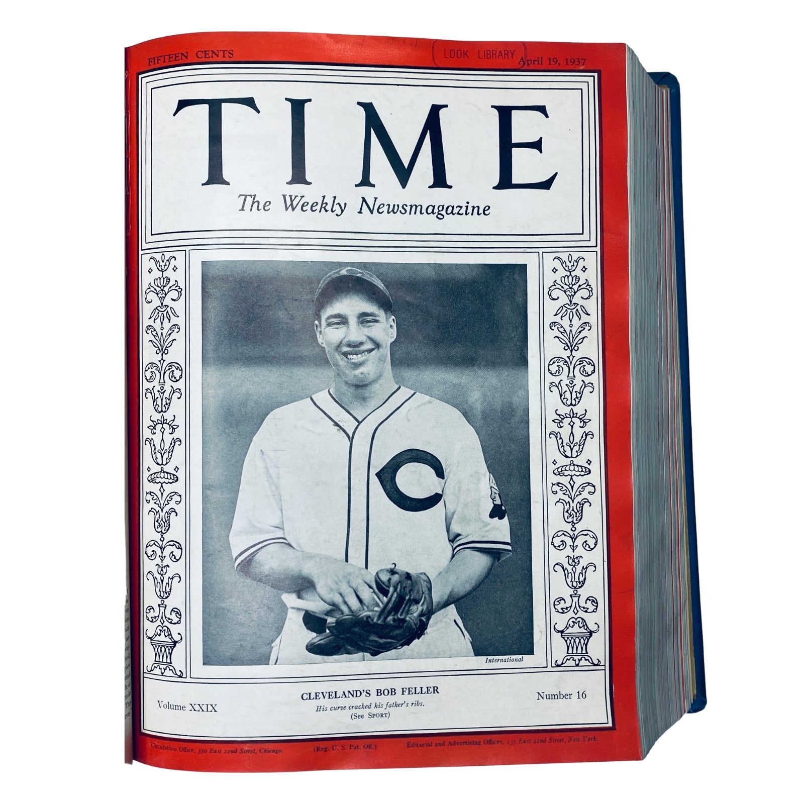 Cover of Time Magazine from April 19, 1937, featuring Cleveland's Bob Feller. This issue captures a pivotal moment in sports history with a photograph showcasing the baseball player's smile and official team jersey.