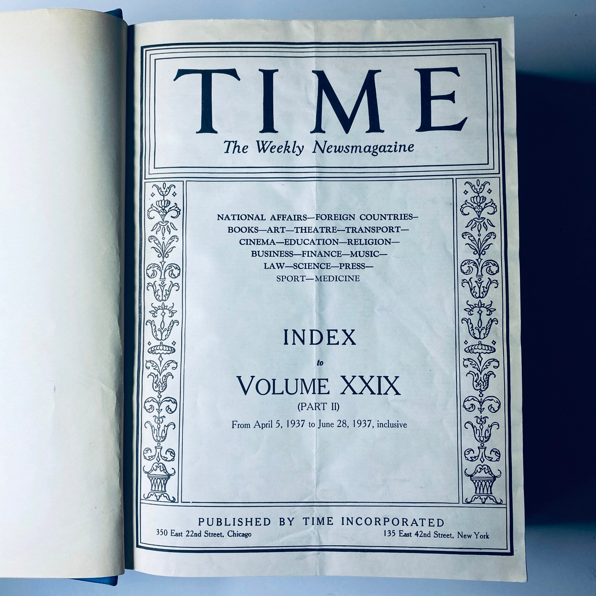 Interior page of Time Magazine Library Bound April 5- June 28, 1937, showing the index for Volume XXIX, highlighting topics like national affairs, foreign countries, and medicine.