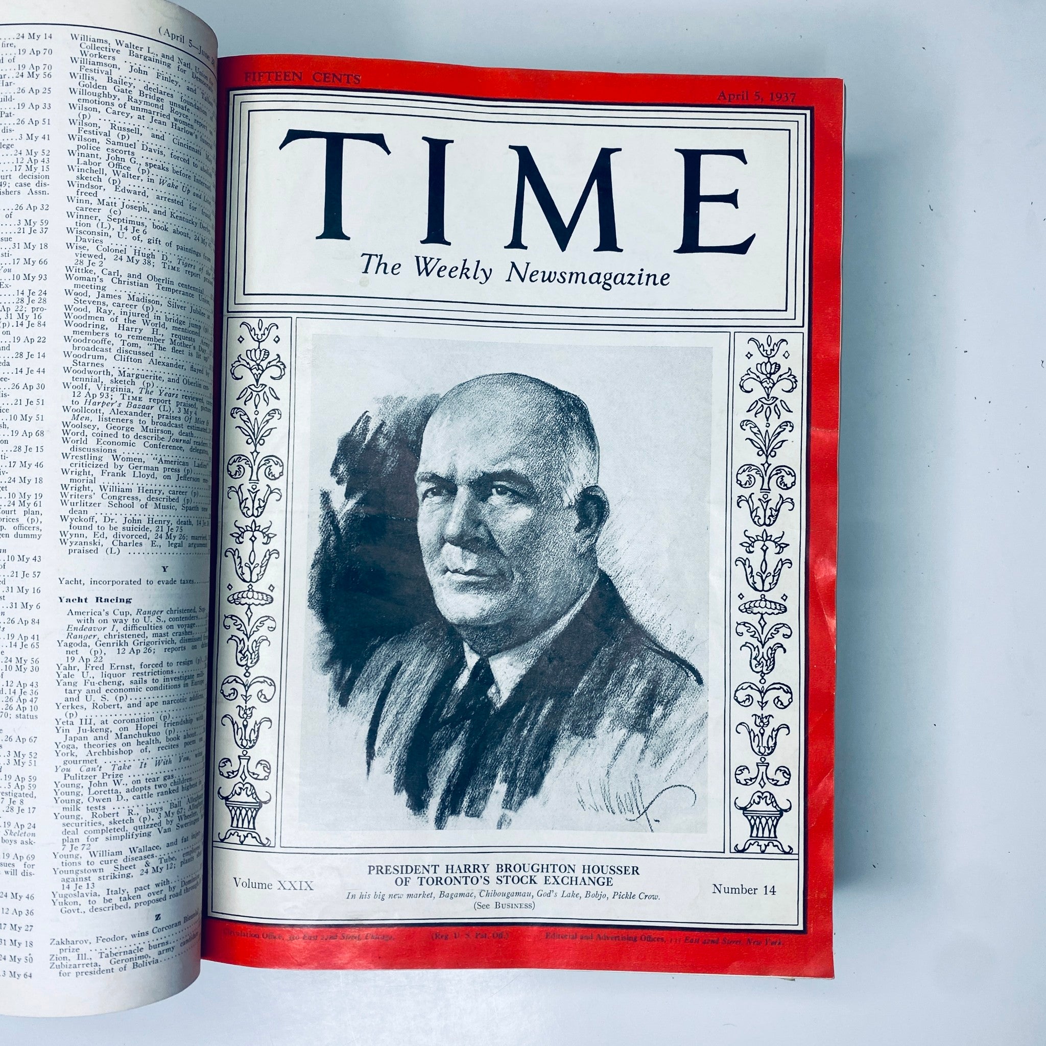 Cover page of Time Magazine dated April 5, 1937, featuring a sketch of President Harry Broughton Houser of Toronto’s Stock Exchange.