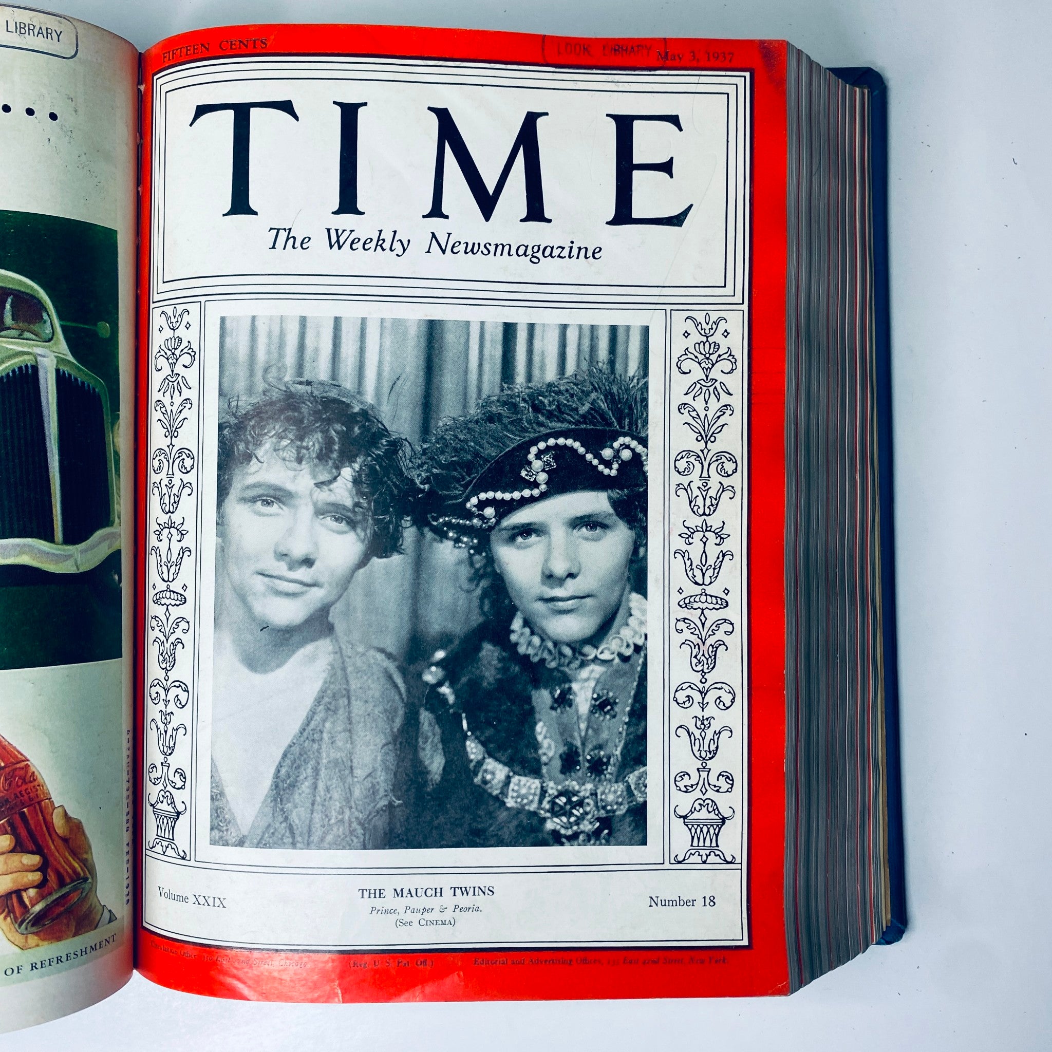 Time Magazine Library Bound April 5- June 28, 1937 featuring The Mauch Twins on the cover, showcasing their charm in traditional attire.