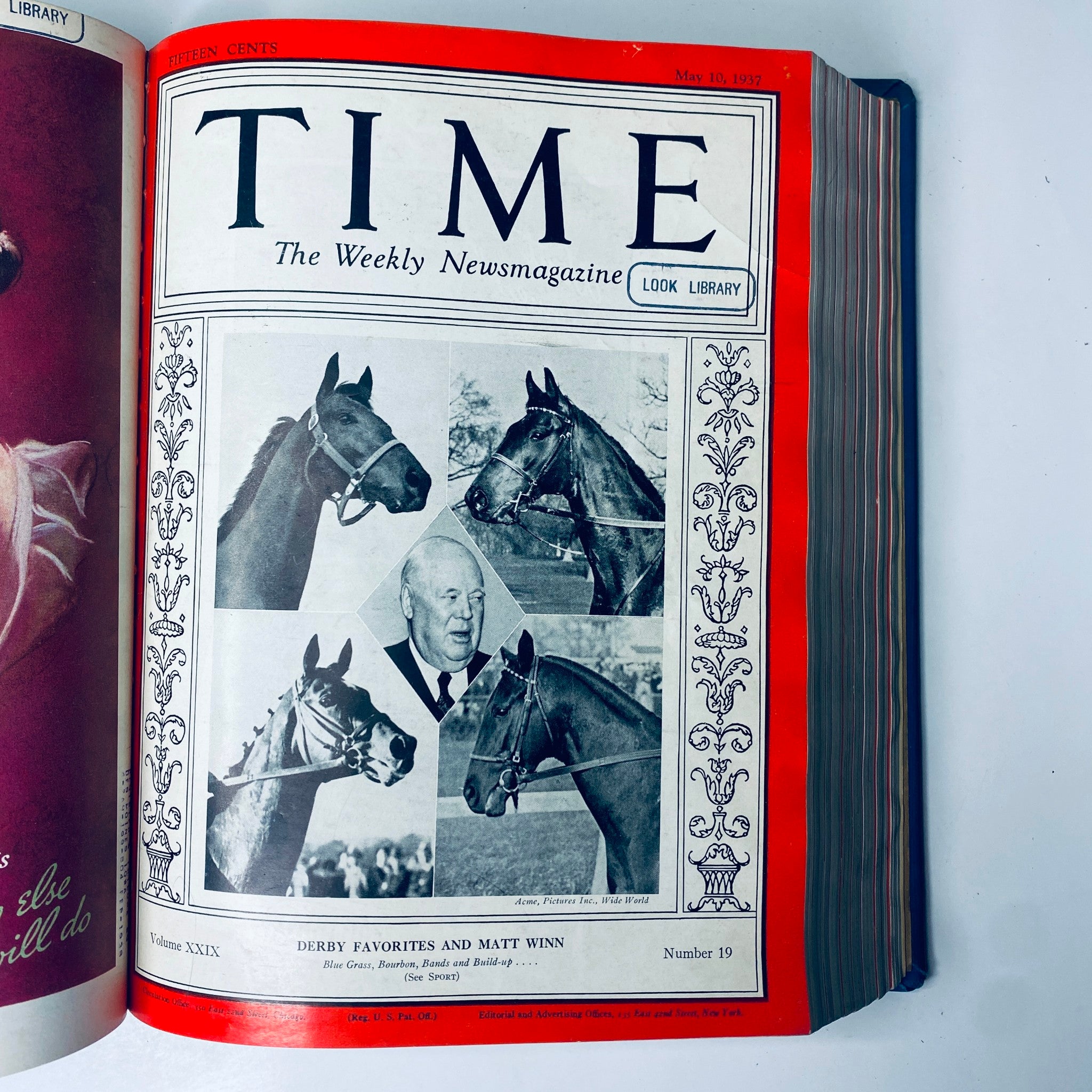 Time Magazine Library Bound April 5- June 28, 1937 featuring Derby Favorites and Matt Winn on the cover with images of racehorses and their trainer.
