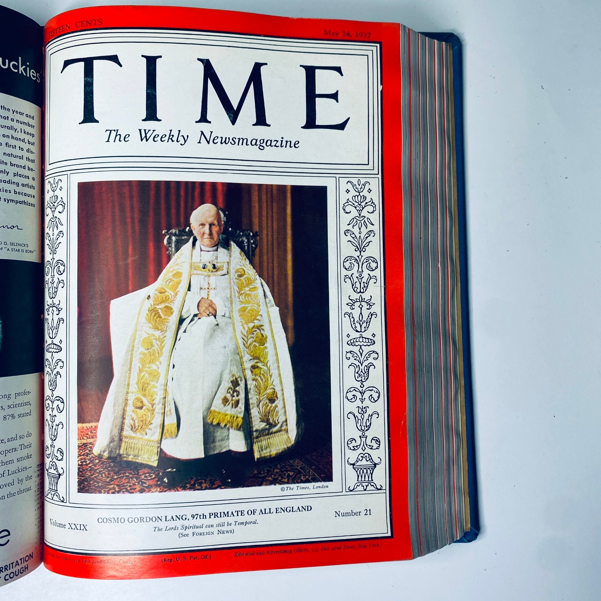 Time Magazine Library Bound April 5- June 28, 1937 featuring Cosmo Gordon Lang, 97th Primate of All England, portrayed in ceremonial dress.