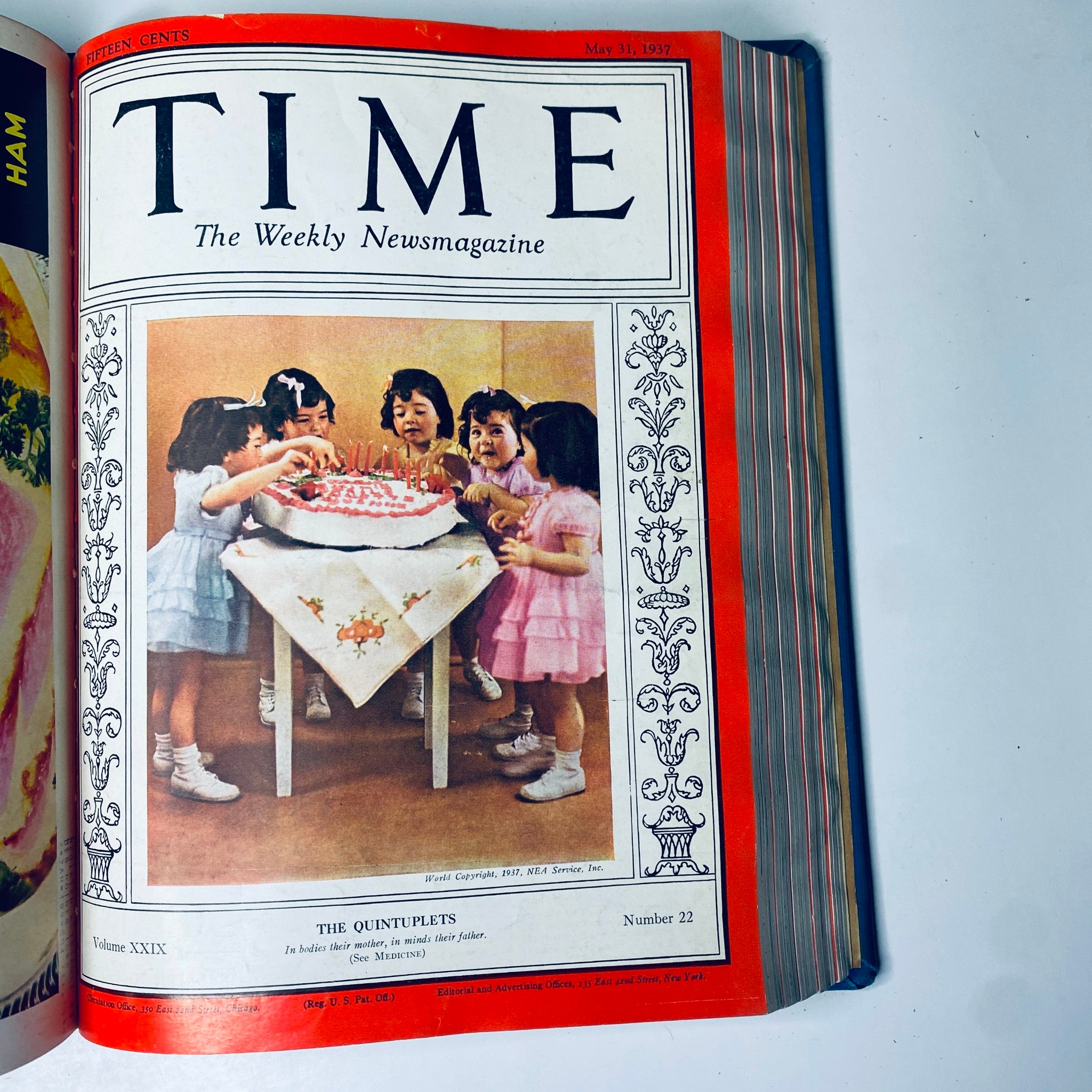 Time Magazine Library Bound April 5- June 28, 1937 featuring The Quintuplets celebrating a birthday, surrounded by a cake and joy.