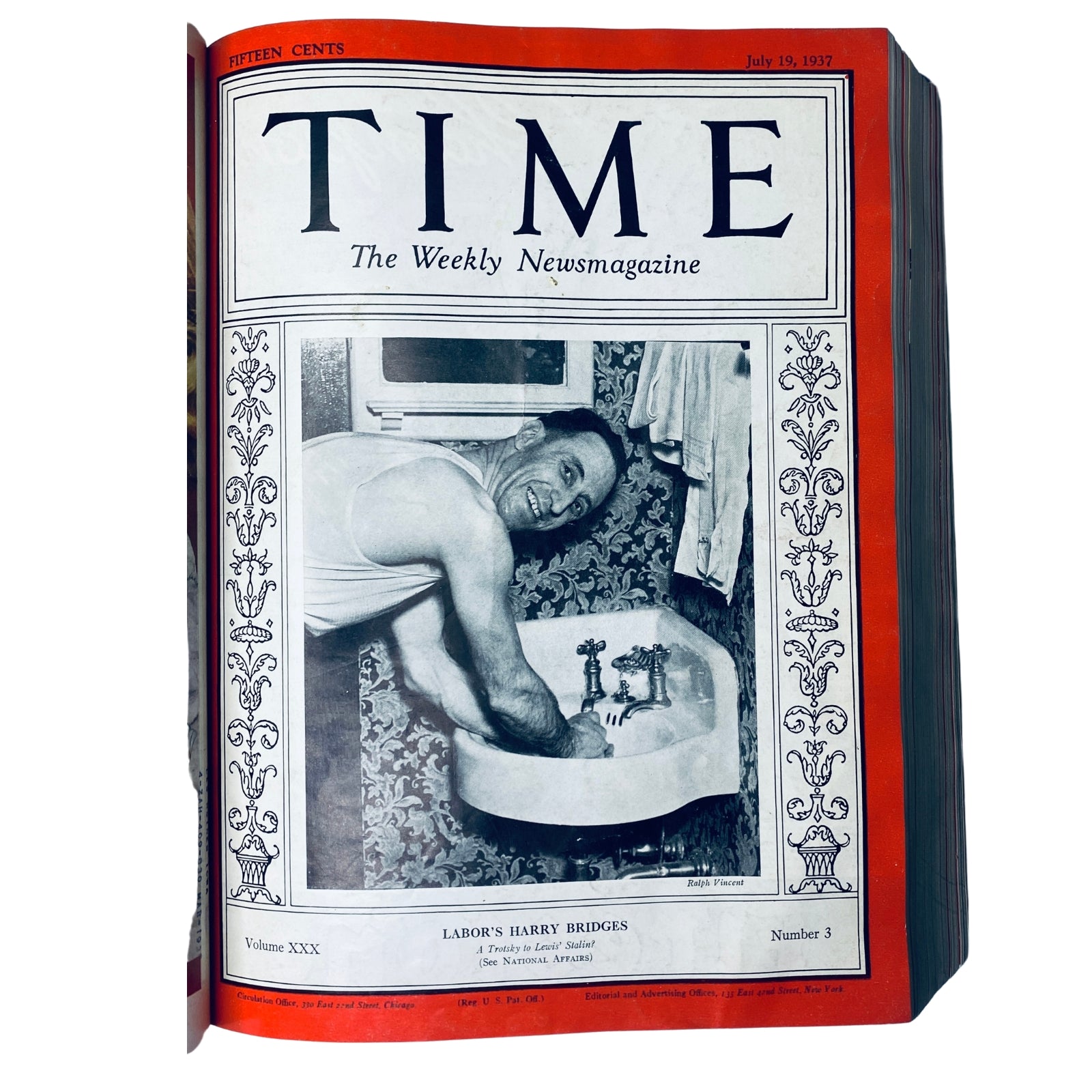 Cover of Time Magazine from July 19, 1937, featuring Harry Bridges with the title 'Labor's Harry Bridges' and a photo of him working at a sink.