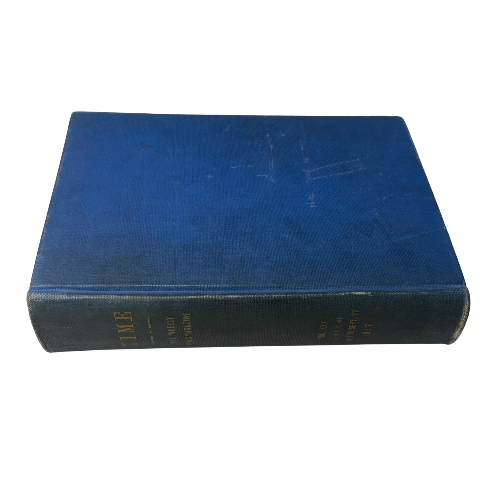 Side view of the bound Time Magazine volume, July 5 to September 27, 1937, highlighting the spine and title embossed in gold.