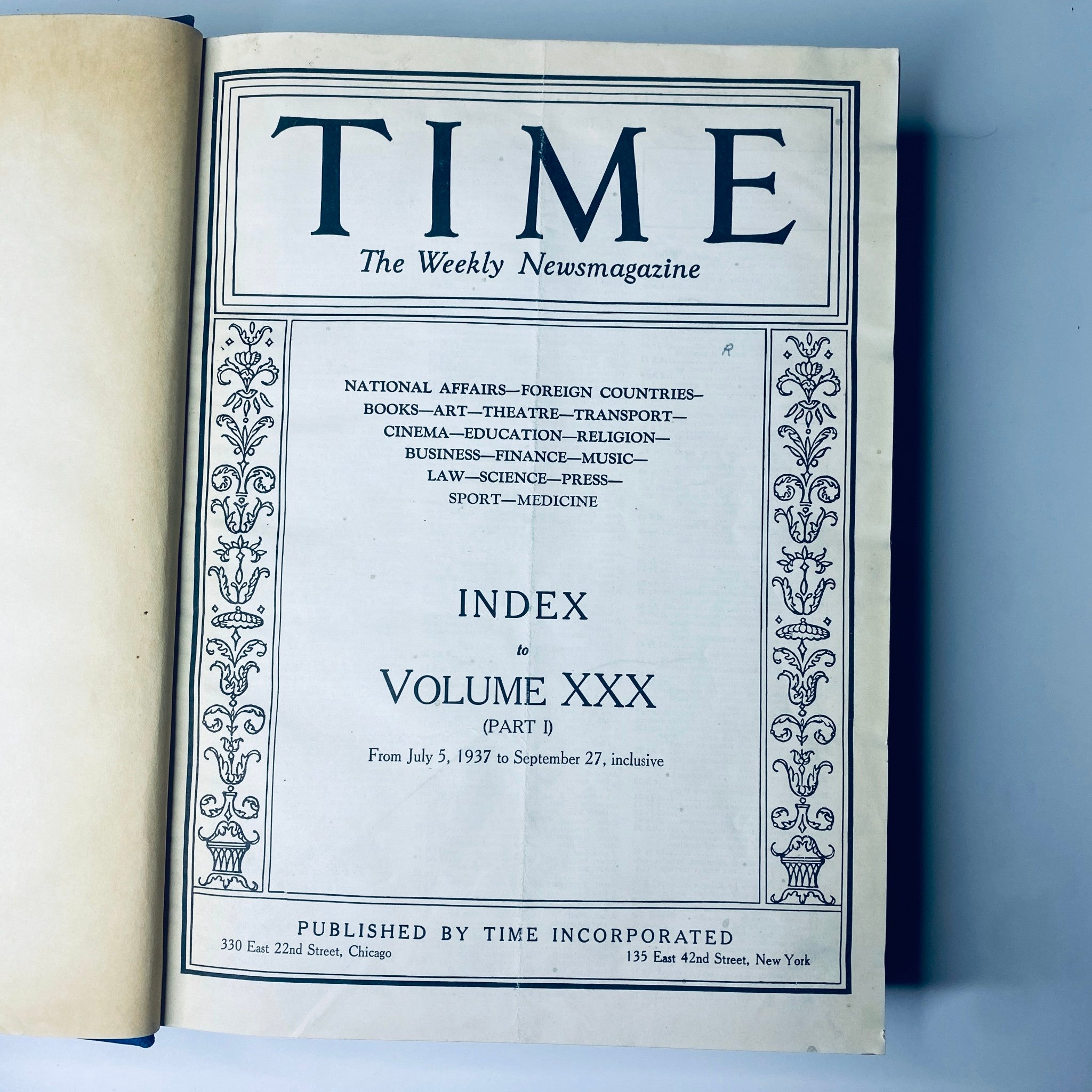 Index page of the Time Magazine collection detailing the contents from July 5 to September 27, 1937, centering around significant historical events.