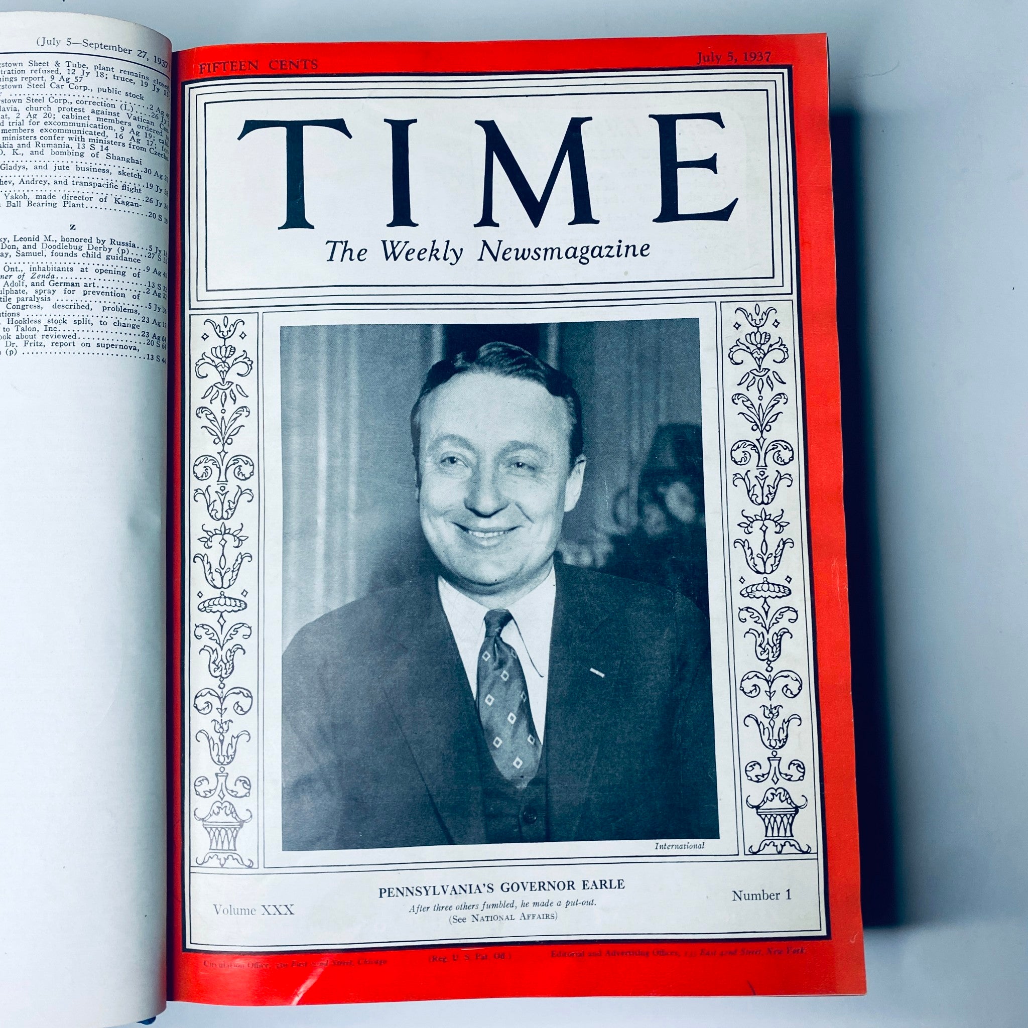 Cover page of the Time Magazine issue from July 5, 1937, featuring a portrait of Pennsylvania's Governor Earle, part of the library-bound collection.