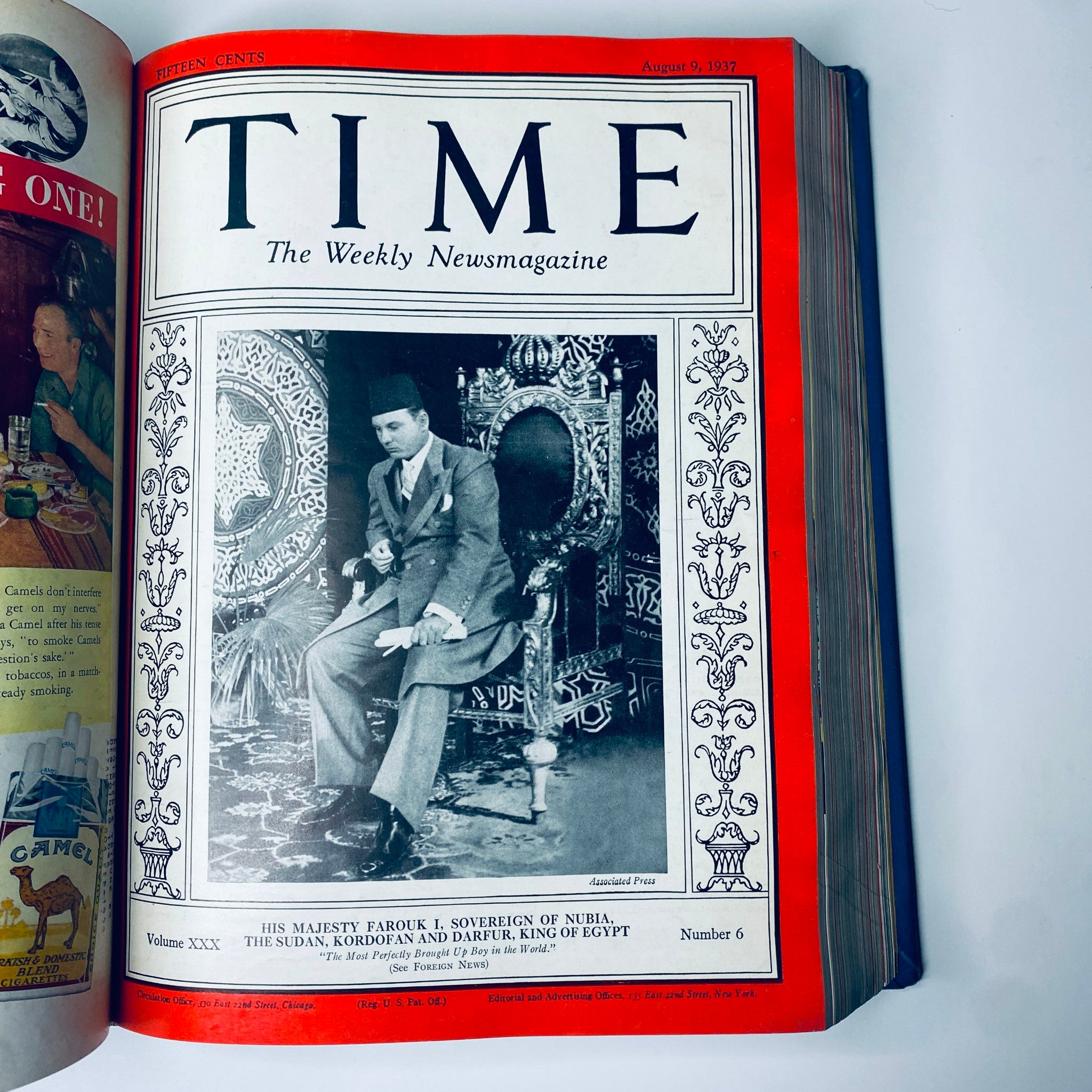 Cover of Time Magazine from August 9, 1937, featuring His Majesty Farouk I, Sovereign of Nubia, included in the Time Magazine July 5 - September 27, 1937 Library Bound edition.