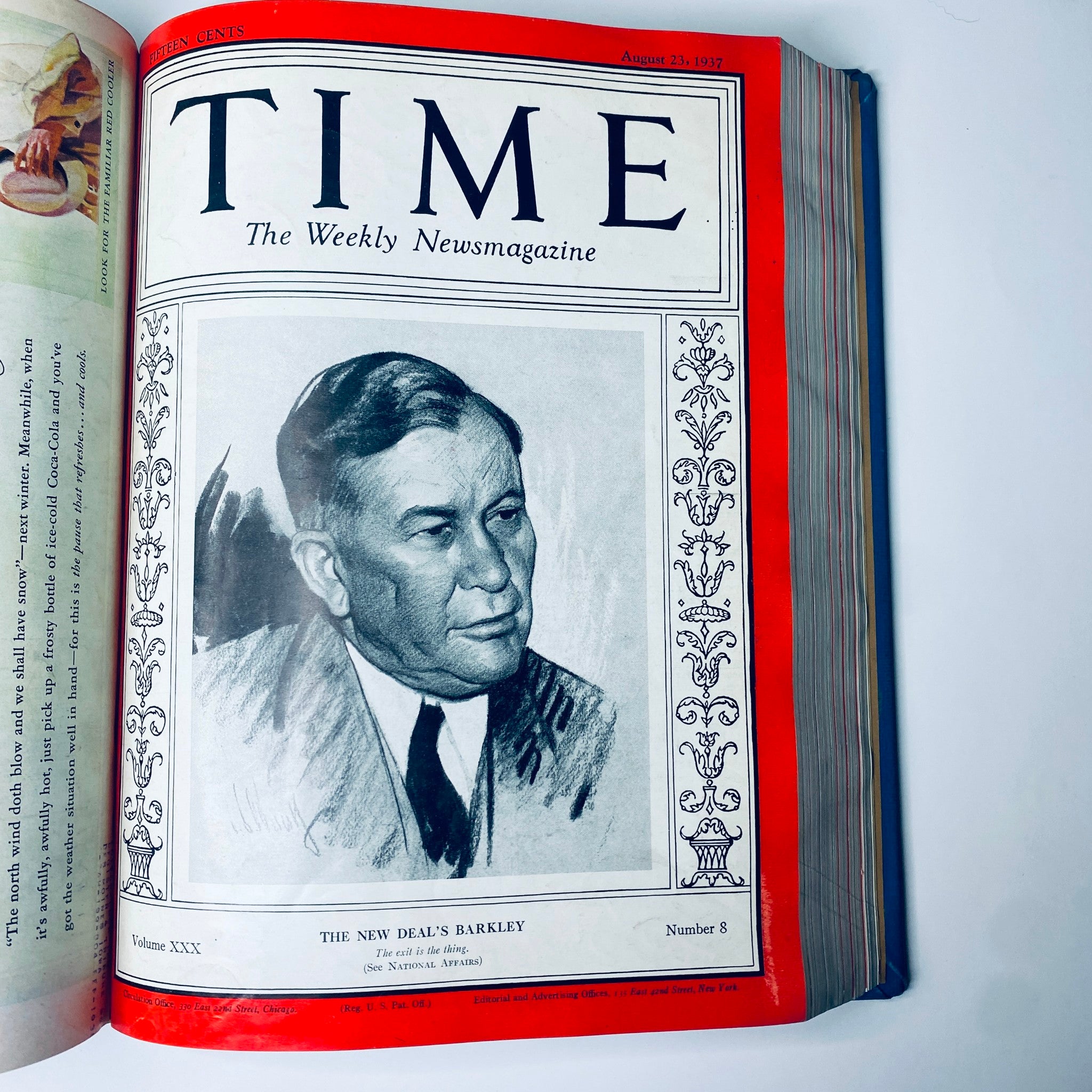 Cover of Time Magazine from August 23, 1937, featuring an illustration of Alben Barkley, titled 'The New Deal's Barkley', which is part of the Time Magazine bound volume from July 5 to September 27, 1937.