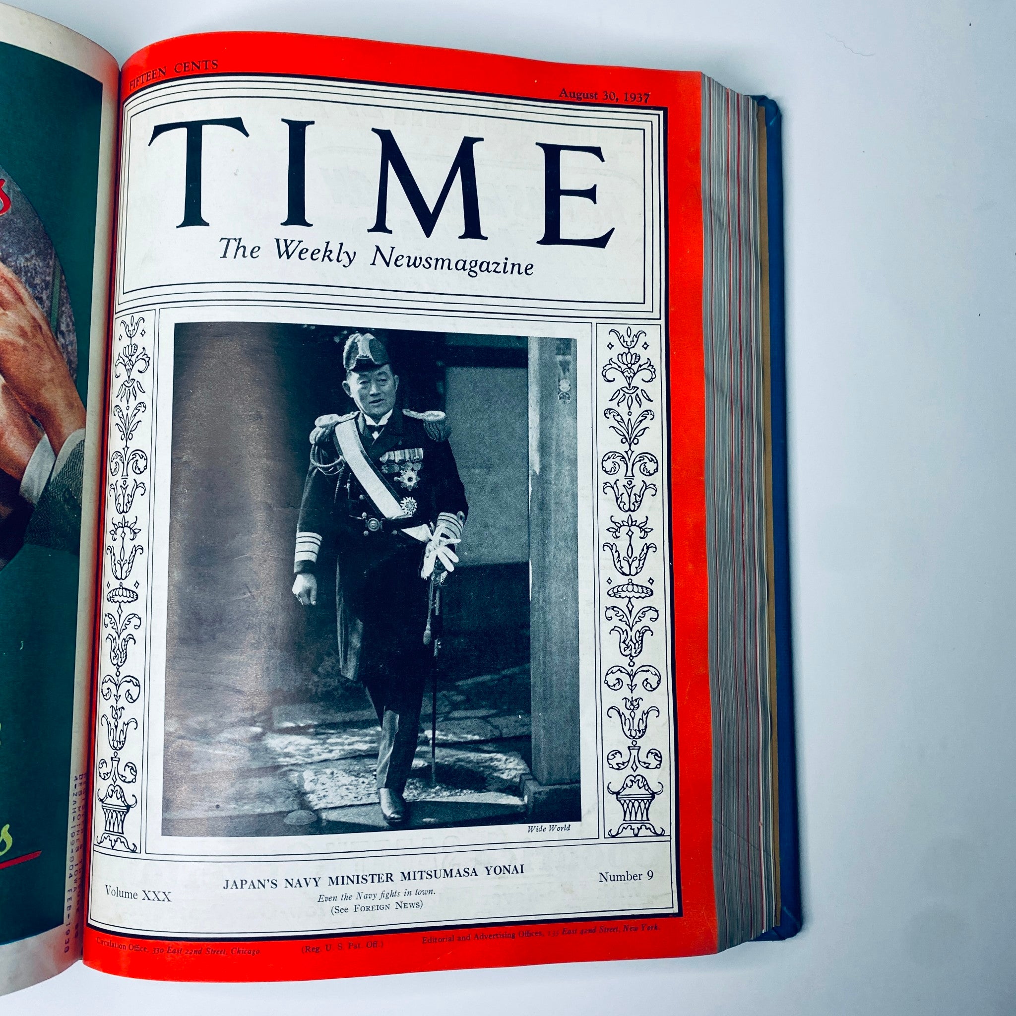 Cover of Time Magazine from August 30, 1937, showcasing Japan's Navy Minister Mitsumasa Yonai, part of the Time Magazine collection from July 5 to September 27, 1937.