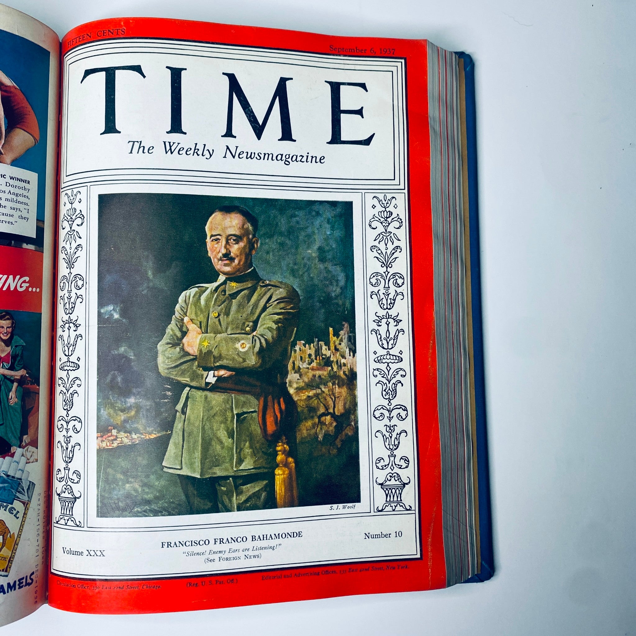 Cover of Time Magazine from September 6, 1937, featuring Francisco Franco Bahamonde, included in the Time Magazine bound volume from July 5 to September 27, 1937.
