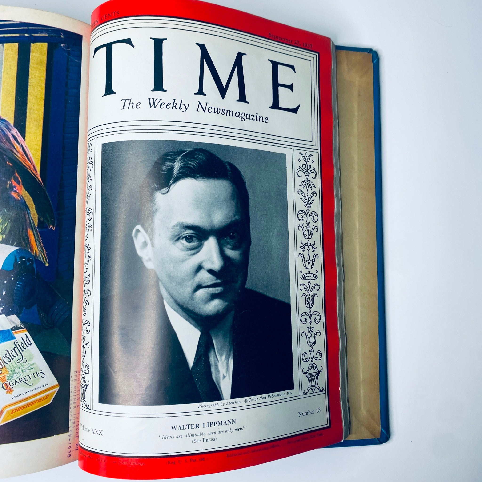 Cover page of Time Magazine from September 27, 1937 featuring Walter Lippmann, highlighting news and events with a focus on political and global issues.