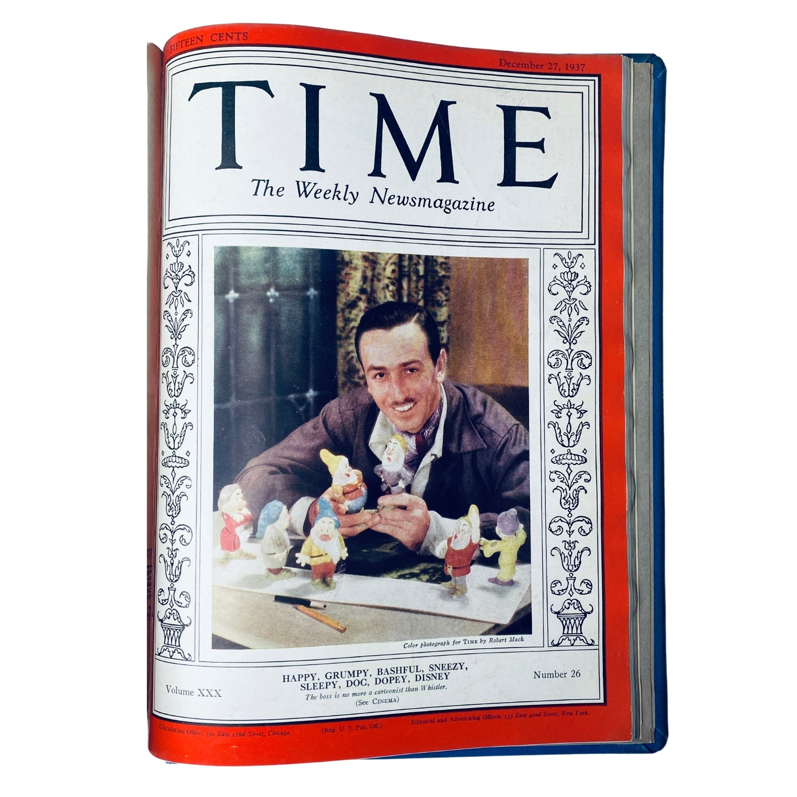 Time Magazine cover from December 27, 1937, featuring Walt Disney with Snow White and the Seven Dwarfs figurines, titled 'Happy, Grumpy, Bashful, Sneezy, Sleepy, Doc, Dopey, Disney.'