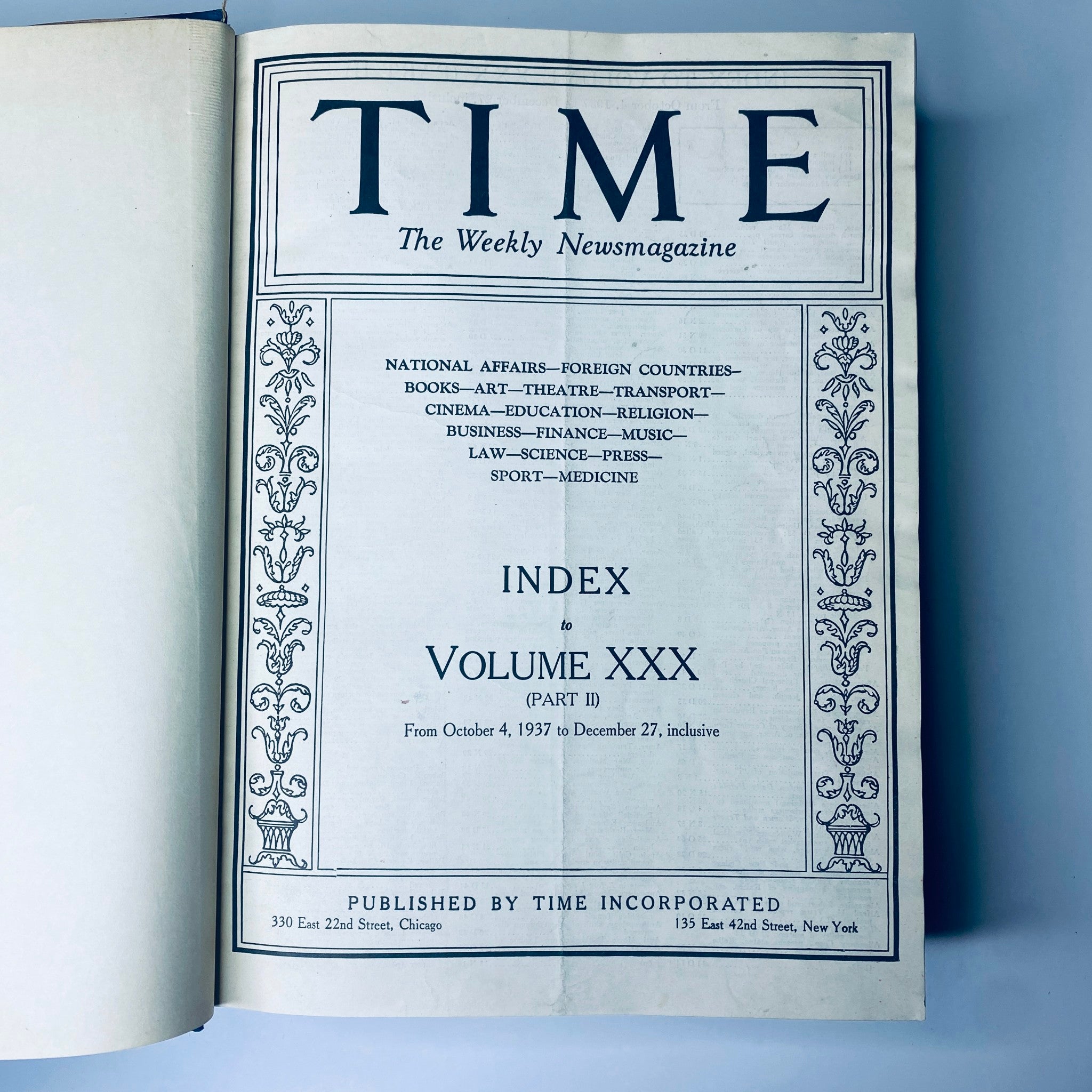 Index page from Time Magazine 1937 July-Dec Bound edition, featuring the title and coverage dates from October 4 to December 27.