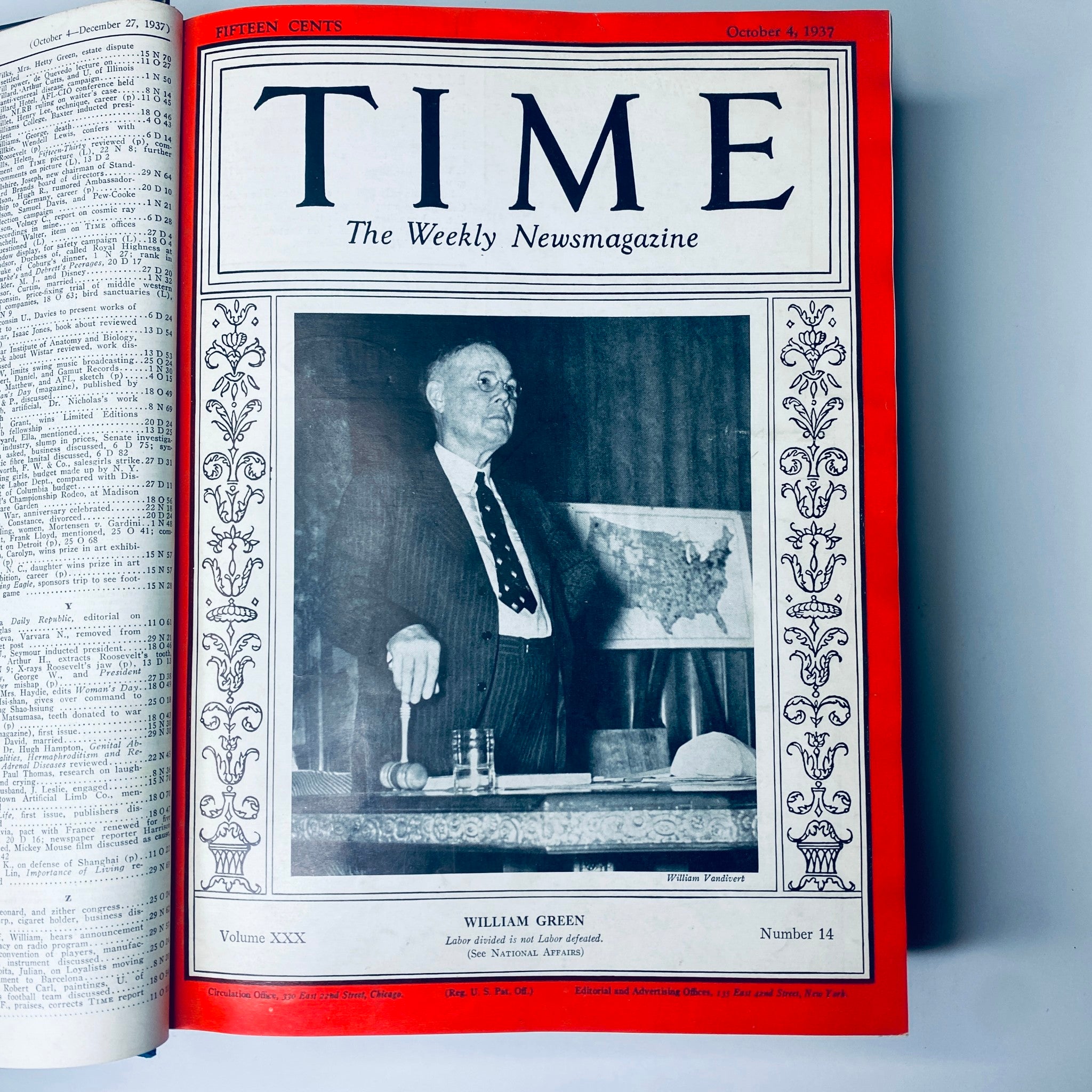 Cover of Time Magazine from October 4, 1937 featuring William Green, with the title ‘Time Magazine 1937 July-Dec Bound Walt Disney King Farouk Egypt Ernest Hemingway’.
