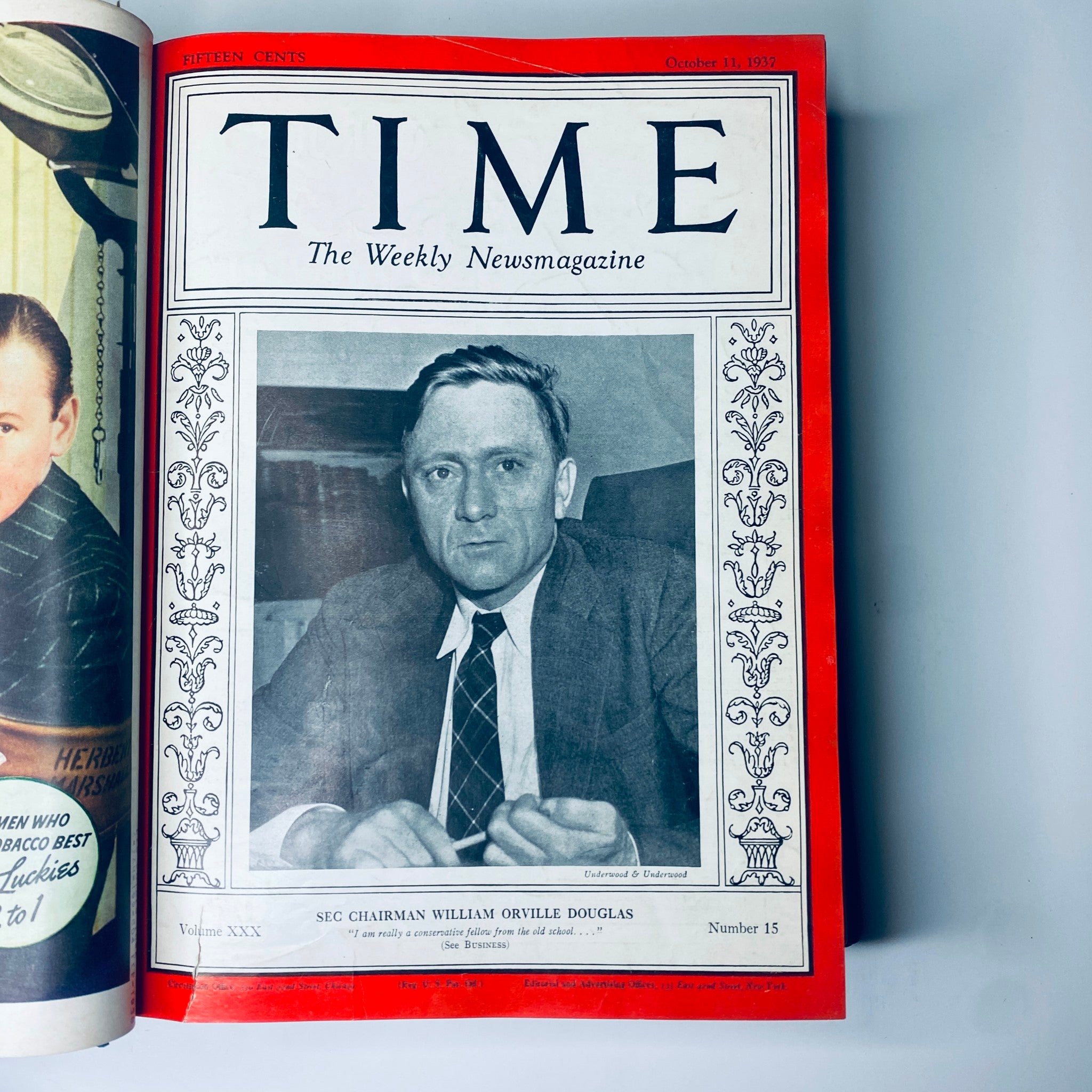 Cover of Time Magazine from October 11, 1937 showcasing Sec. Chairman William Orville Douglas, part of the collection Time Magazine 1937 July-Dec Bound Walt Disney King Farouk Egypt Ernest Hemingway.