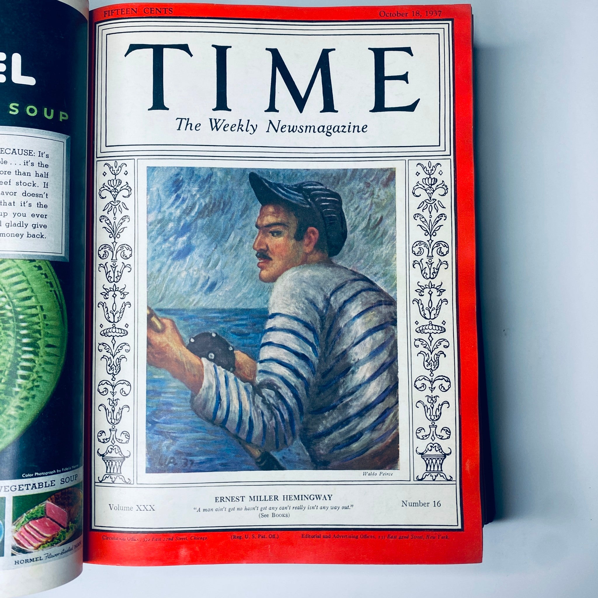Cover of Time Magazine from October 18, 1937 featuring a portrait of Ernest Miller Hemingway, included in Time Magazine 1937 July-Dec Bound Walt Disney King Farouk Egypt Ernest Hemingway.