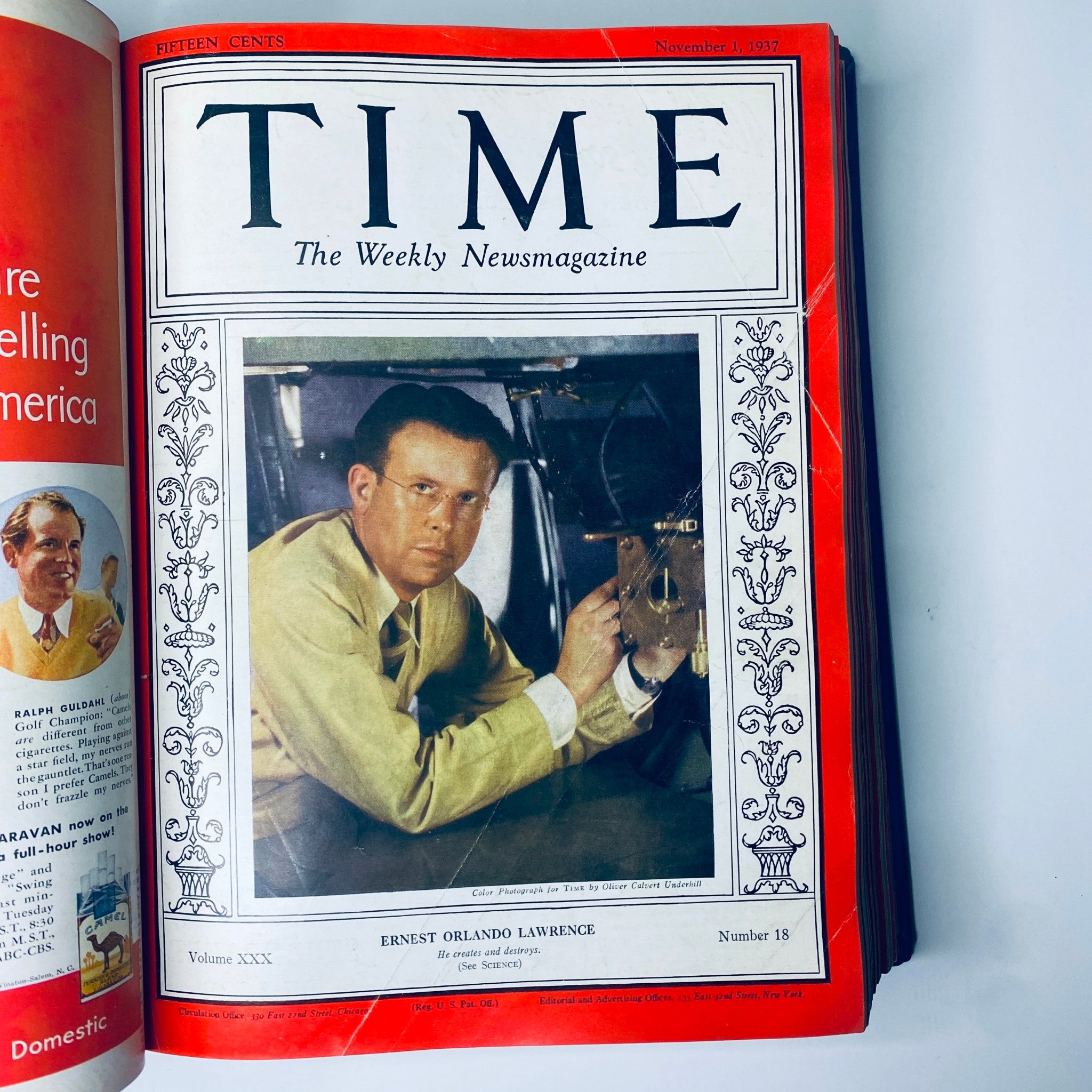 Cover of Time Magazine from November 1, 1937 featuring Ernest Orlando Lawrence, included in the collection Time Magazine 1937 July-Dec Bound Walt Disney King Farouk Egypt Ernest Hemingway.