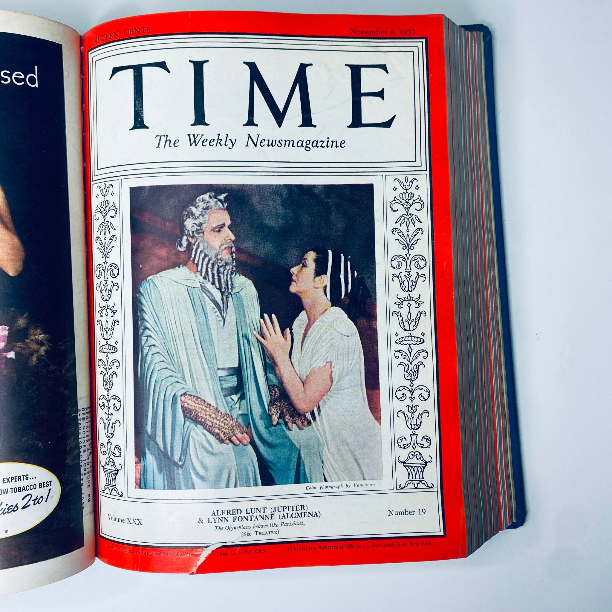 Cover of Time Magazine from November 8, 1937, featuring Alfred Lunt and Lynn Fontanne, highlighting the article about their theatrical performance, part of the Time Magazine 1937 July-Dec Bound collection.