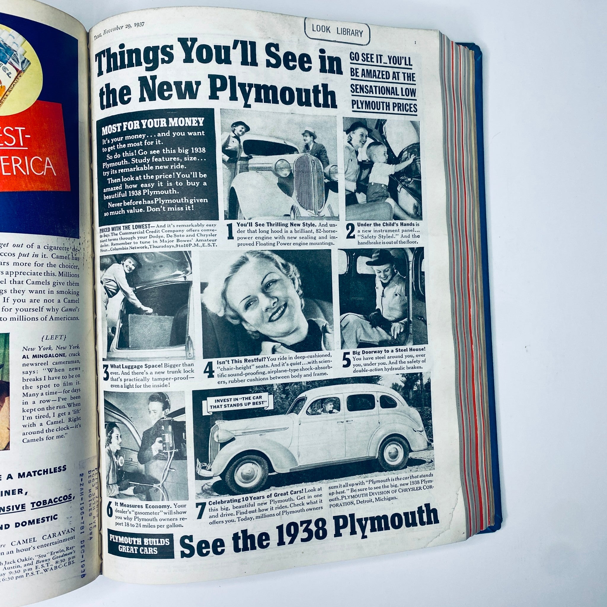 Advertising page from Time Magazine, November 29, 1937, showcasing features of the new Plymouth car, part of the Time Magazine 1937 July-Dec Bound collection.