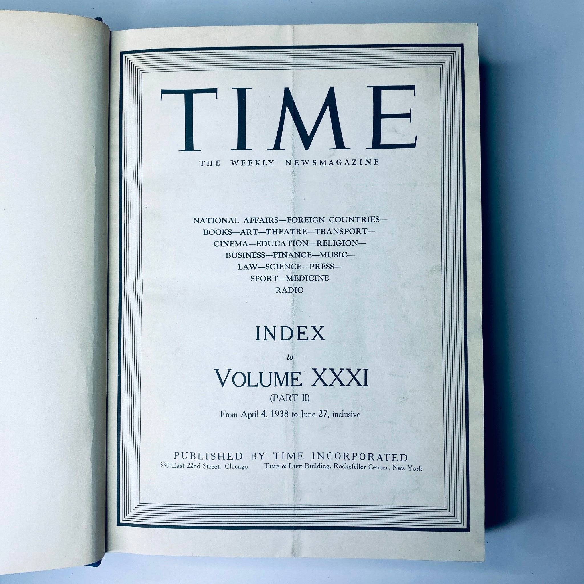 Index page of Time Magazine Albert Einstein 1938 bound volume, detailing the contents from April to June 1938, showcasing the magazine's editorial coverage.