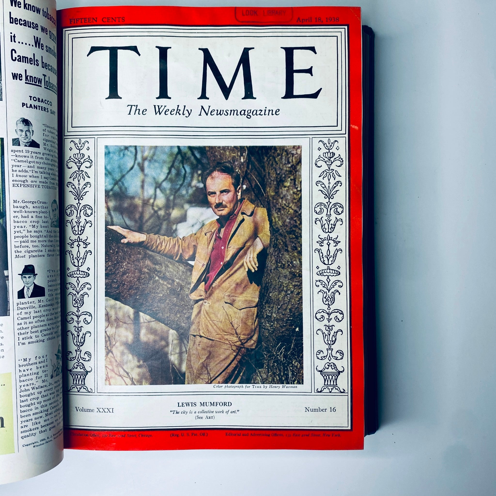Cover page of Time Magazine from April 18, 1938 featuring Lewis Mumford, as part of the Albert Einstein 1938 bound volume collection.