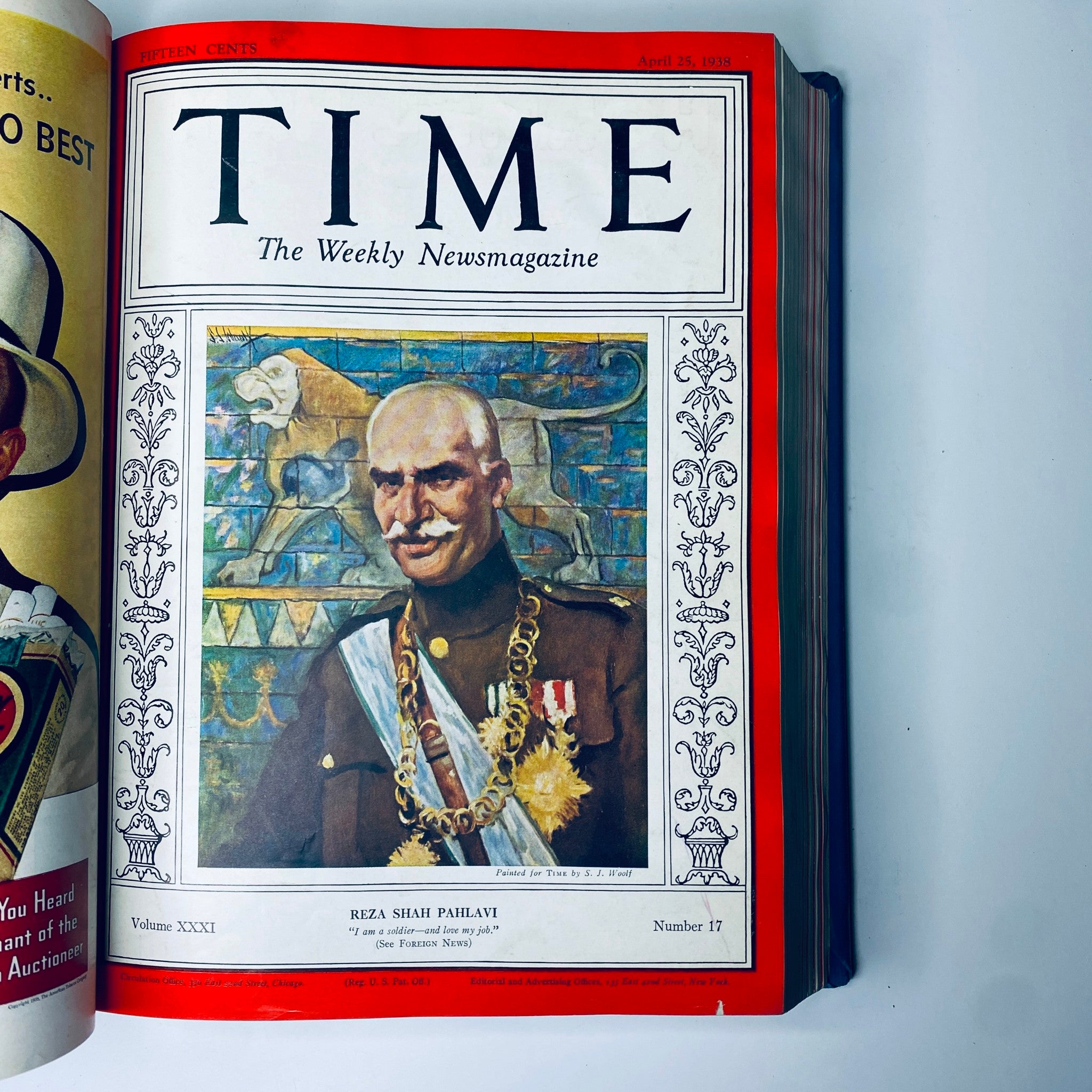 Cover of Time Magazine from April 25, 1938 featuring Reza Shah Pahlavi, with a portrait illustration and a colorful background, included in the collection Time Magazine Albert Einstein 1938 Reza Shah Pahlavi April-June Bound Volume.