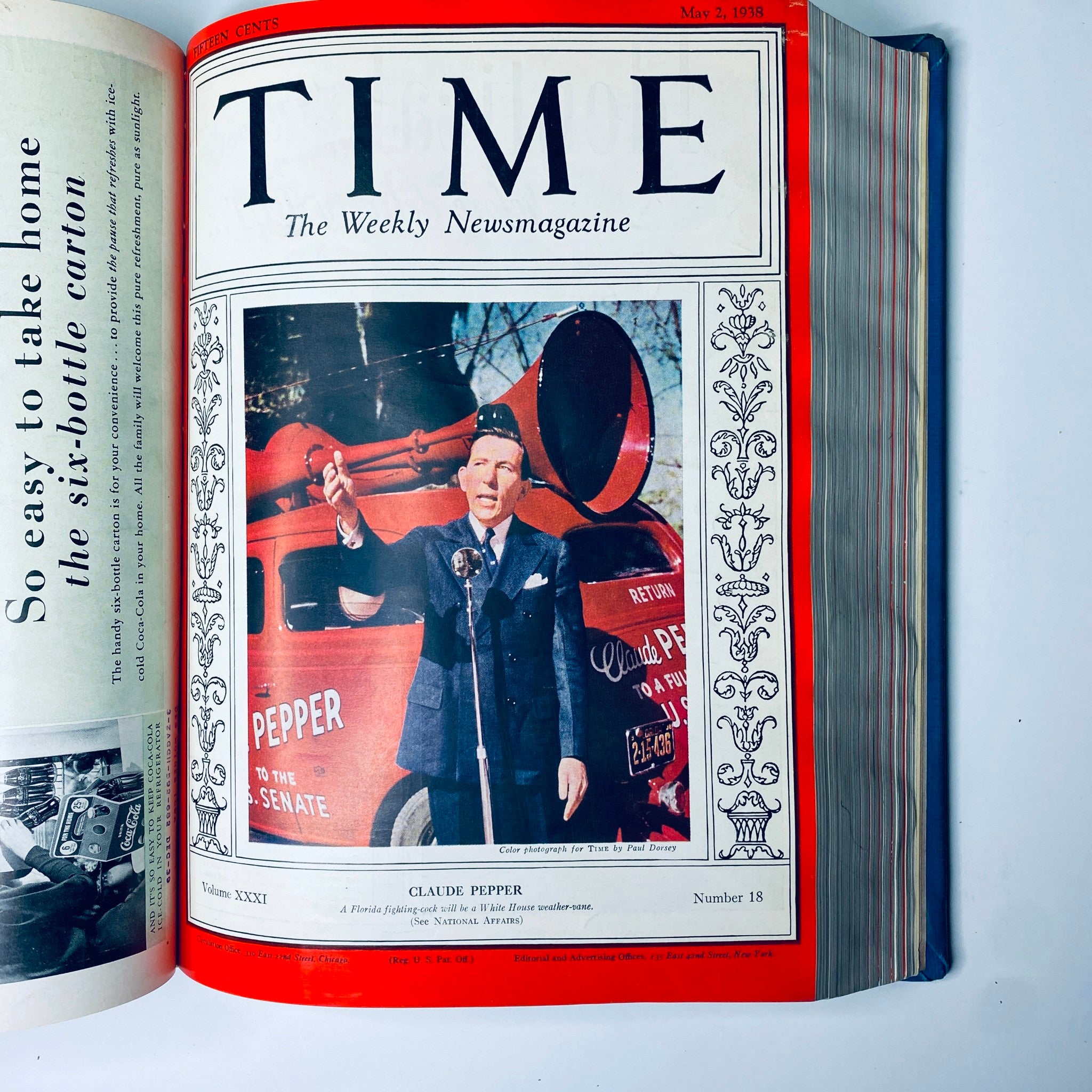 Cover of Time Magazine from May 2, 1938 featuring Claude Pepper giving a speech, included in the collection Time Magazine Albert Einstein 1938 Reza Shah Pahlavi April-June Bound Volume.