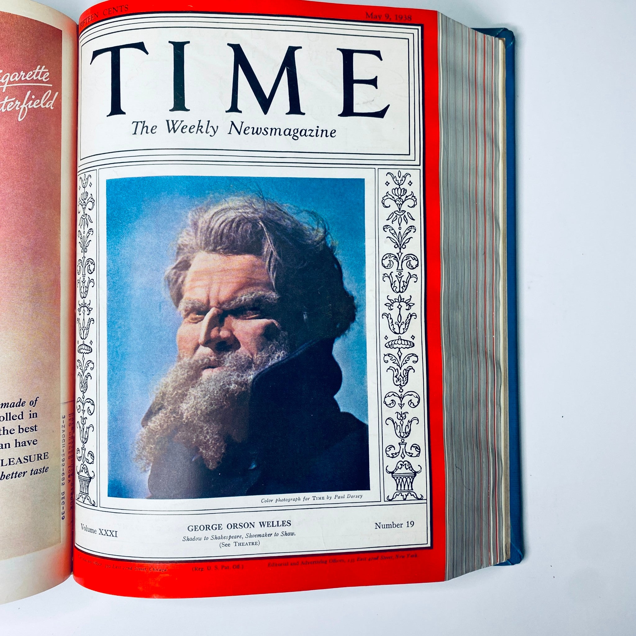 Cover of Time Magazine from May 9, 1938 featuring George Orson Welles with a dramatic portrait illustration, included in the collection Time Magazine Albert Einstein 1938 Reza Shah Pahlavi April-June Bound Volume.