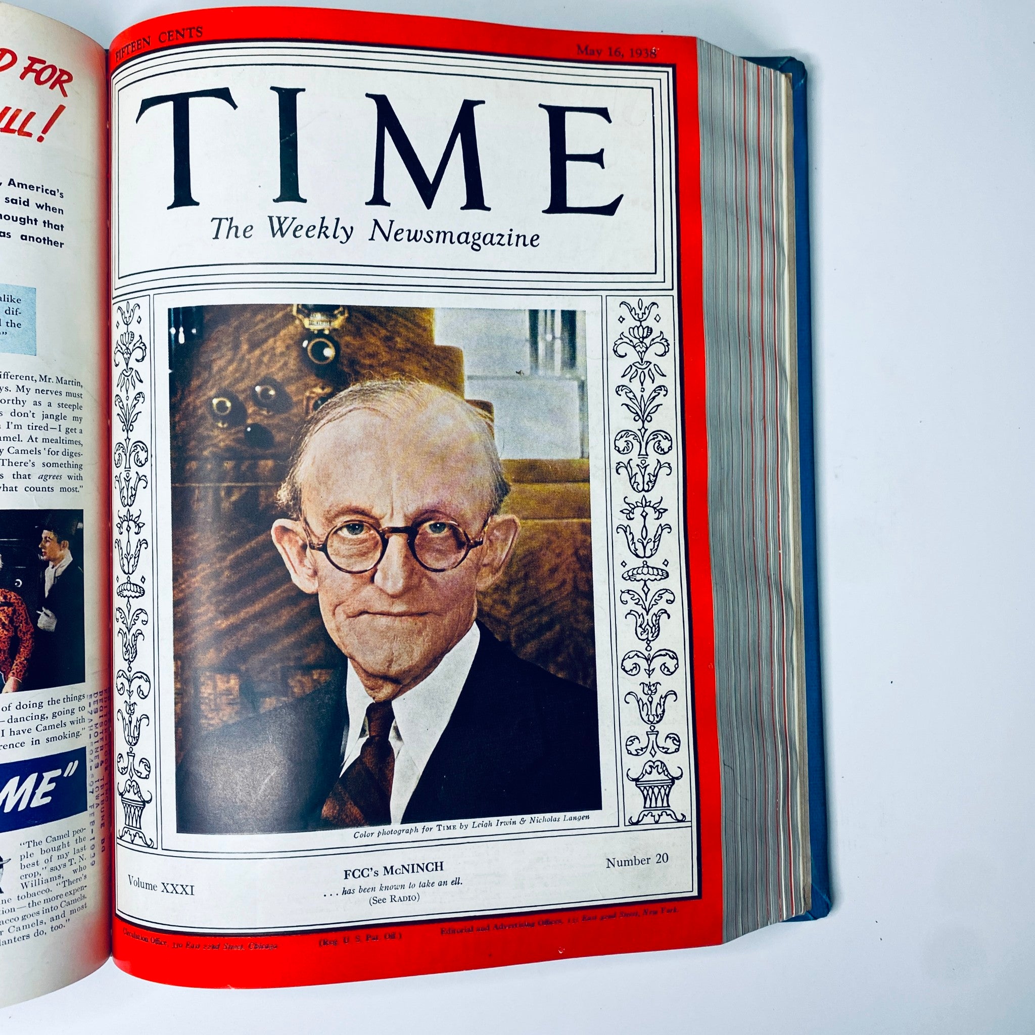 Cover of Time Magazine from May 16, 1938 featuring FCC's Frank R. McNinch with eyeglasses and subtle background, included in the collection Time Magazine Albert Einstein 1938 Reza Shah Pahlavi April-June Bound Volume.