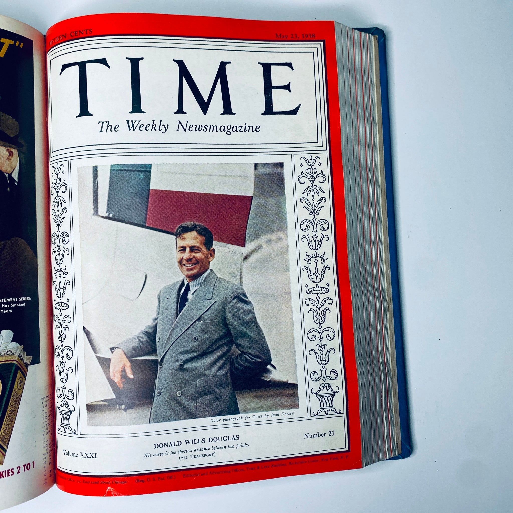 Cover of Time Magazine from May 23, 1938 featuring Donald Wills Douglas with a smiling portrait in front of an aircraft, included in the collection Time Magazine Albert Einstein 1938 Reza Shah Pahlavi April-June Bound Volume.