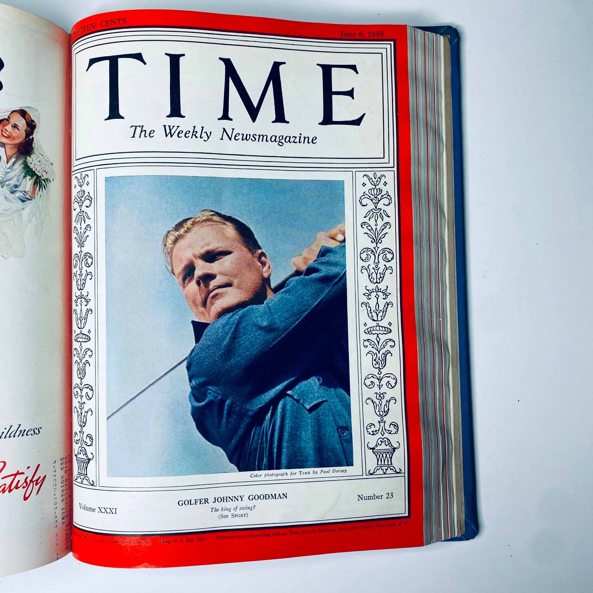 Time Magazine cover from June 6, 1938 featuring Golfer Johnny Goodman, part of the Time Library Bound Weekly Magazine – April 4 to June 27, 1938.