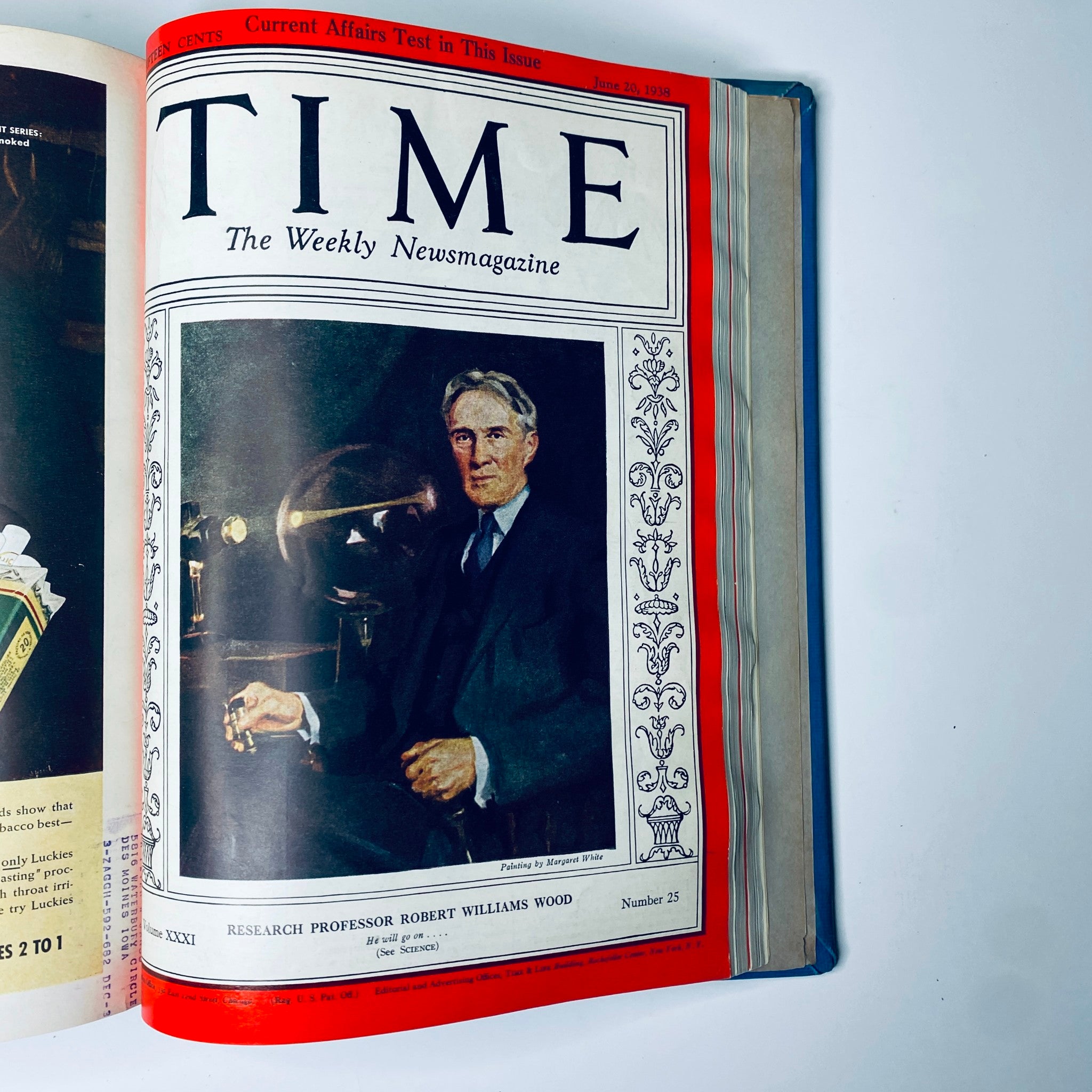 Time Magazine cover from June 20, 1938 featuring Research Professor Robert Williams Wood, part of the Time Library Bound Weekly Magazine – April 4 to June 27, 1938.