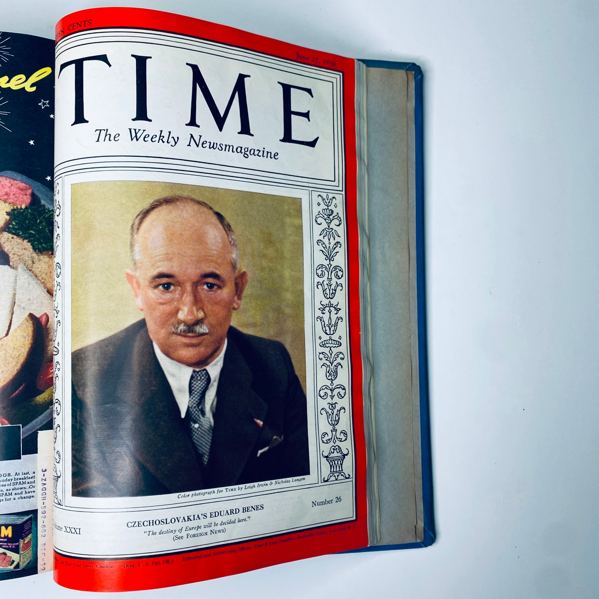 Time Magazine cover from June 27, 1938 featuring Czechoslovakia's Eduard Beneš, part of the Time Library Bound Weekly Magazine – April 4 to June 27, 1938.