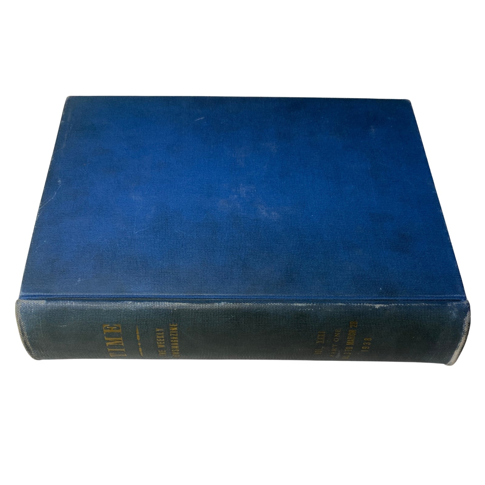 Library bound volume of Time Magazine titled 'Time Magazine Library Bound January 3, 1938 - March 28, 1938 Frank Lloyd Wright' showcasing a blue cloth cover.