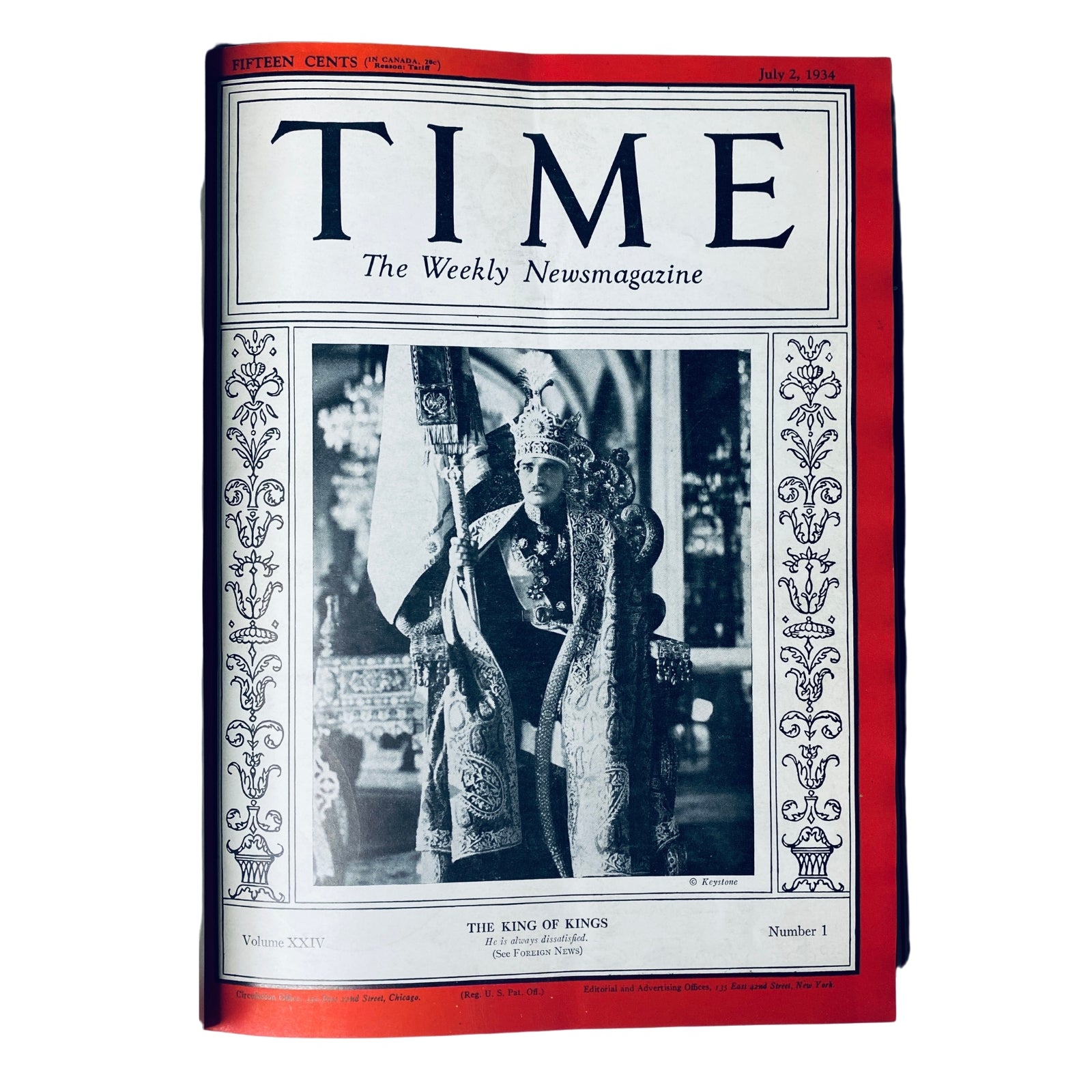 Time Magazine cover from July 2, 1934, featuring the title 'The King of Kings', showcasing a regal figure in elaborate attire, representing a dynamic period in Persia and reflecting historical events.