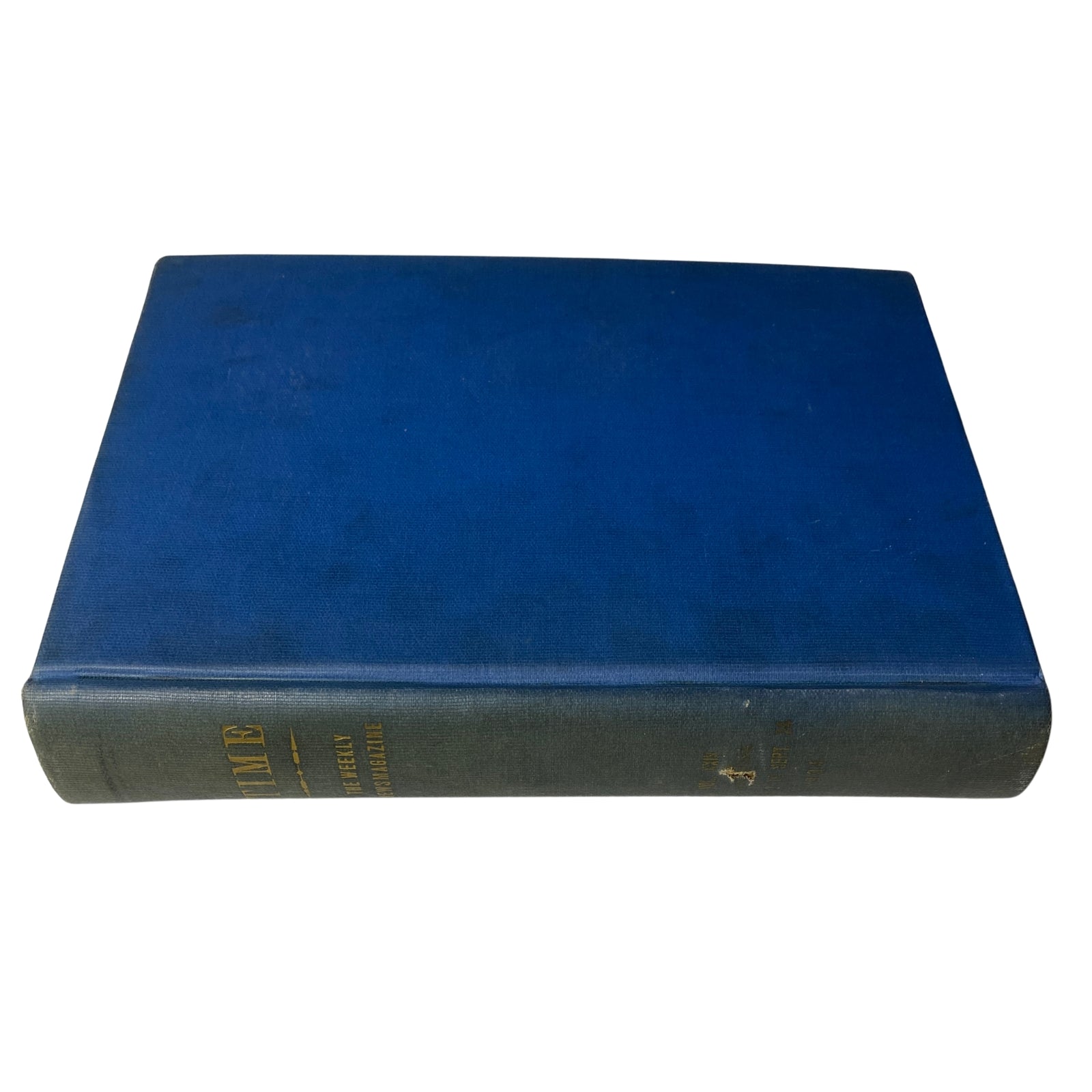 Side view of the Time Magazine library bound edition from July 2 to September 24, 1934, showcasing a blue cover and gold lettering.