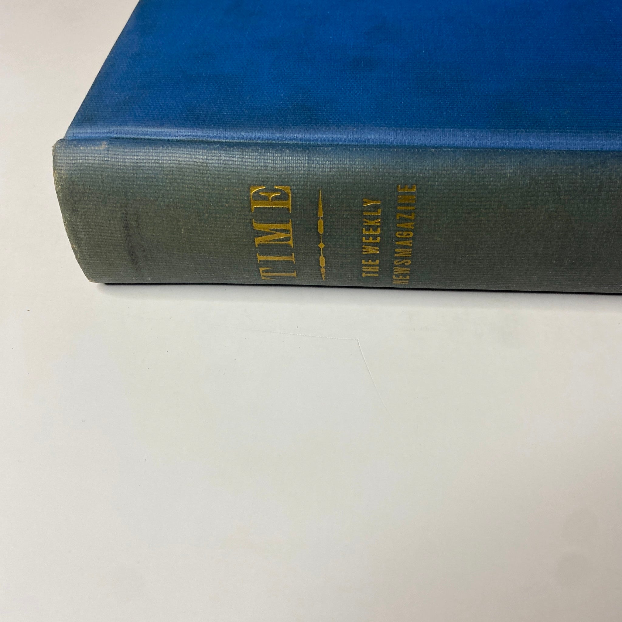 Detailed view of the spine of Time Magazine bound volume July 2 to September 24, 1934, highlighting the title in gold against a green background.
