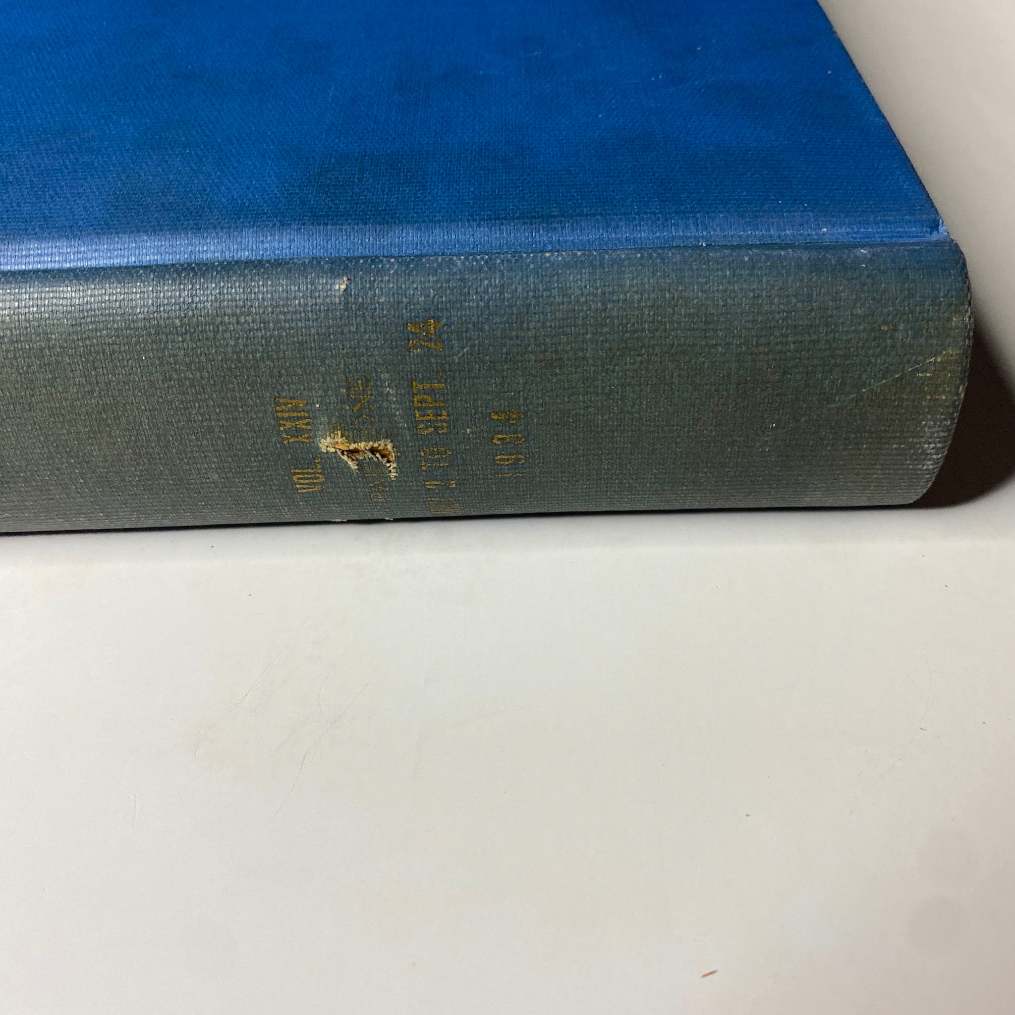 Close-up of the spine of the Time Magazine library bound version covering July to September 1934, showing some wear and tear.